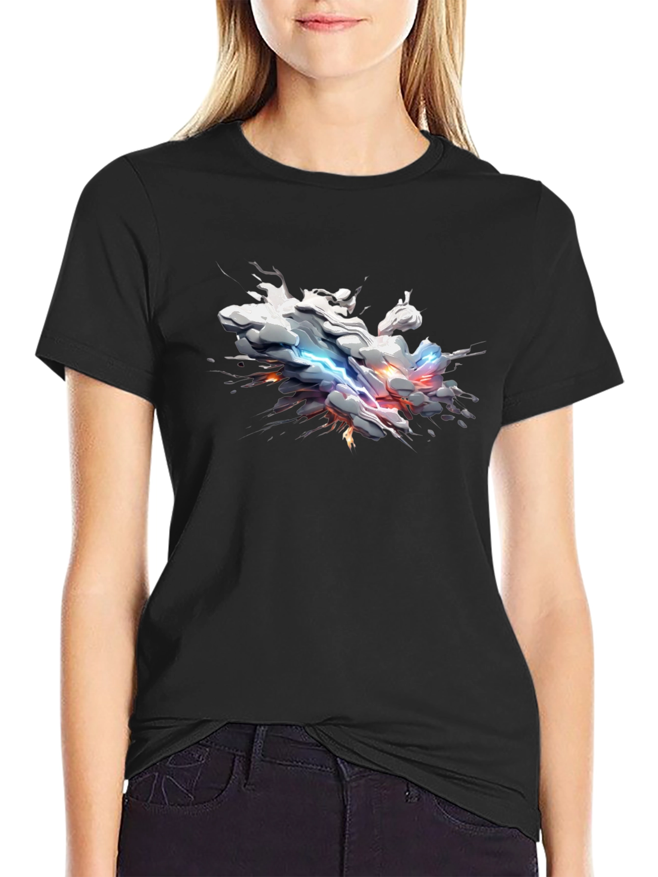 Black Abstract Lightning Cloud Graphic T-Shirt view 2