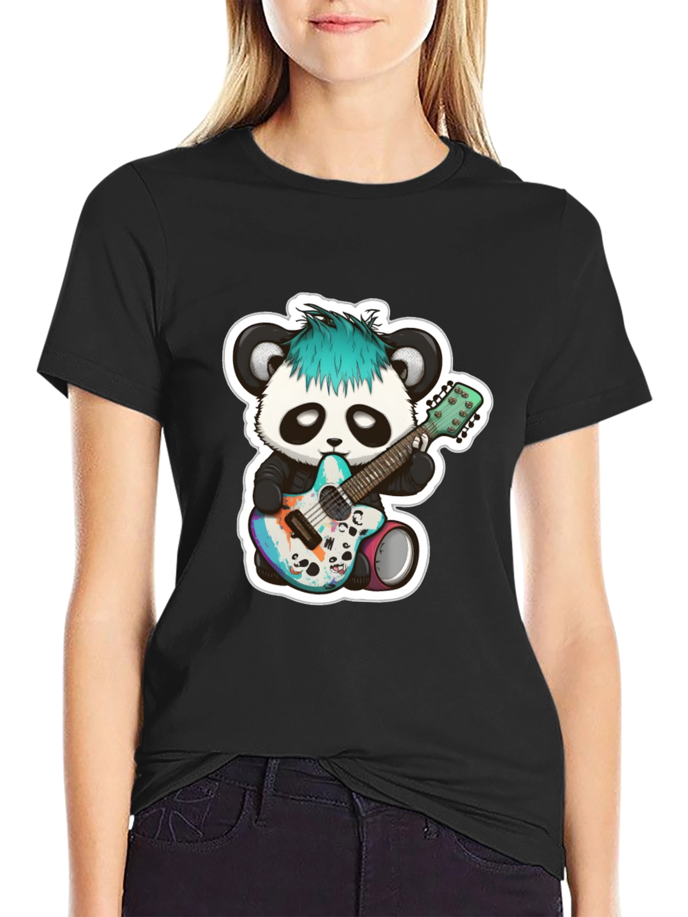 Black Cool Panda Guitarist Black T-Shirt view 2