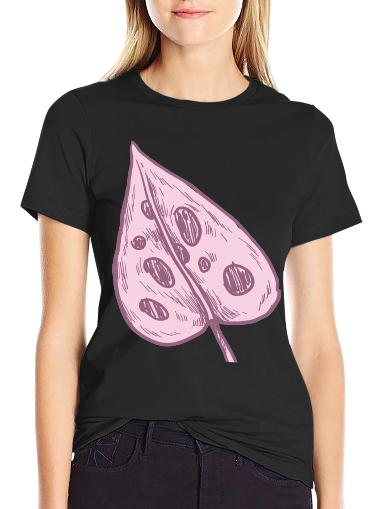 Black Pink Swiss Cheese Leaf Graphic Black Tee view 2