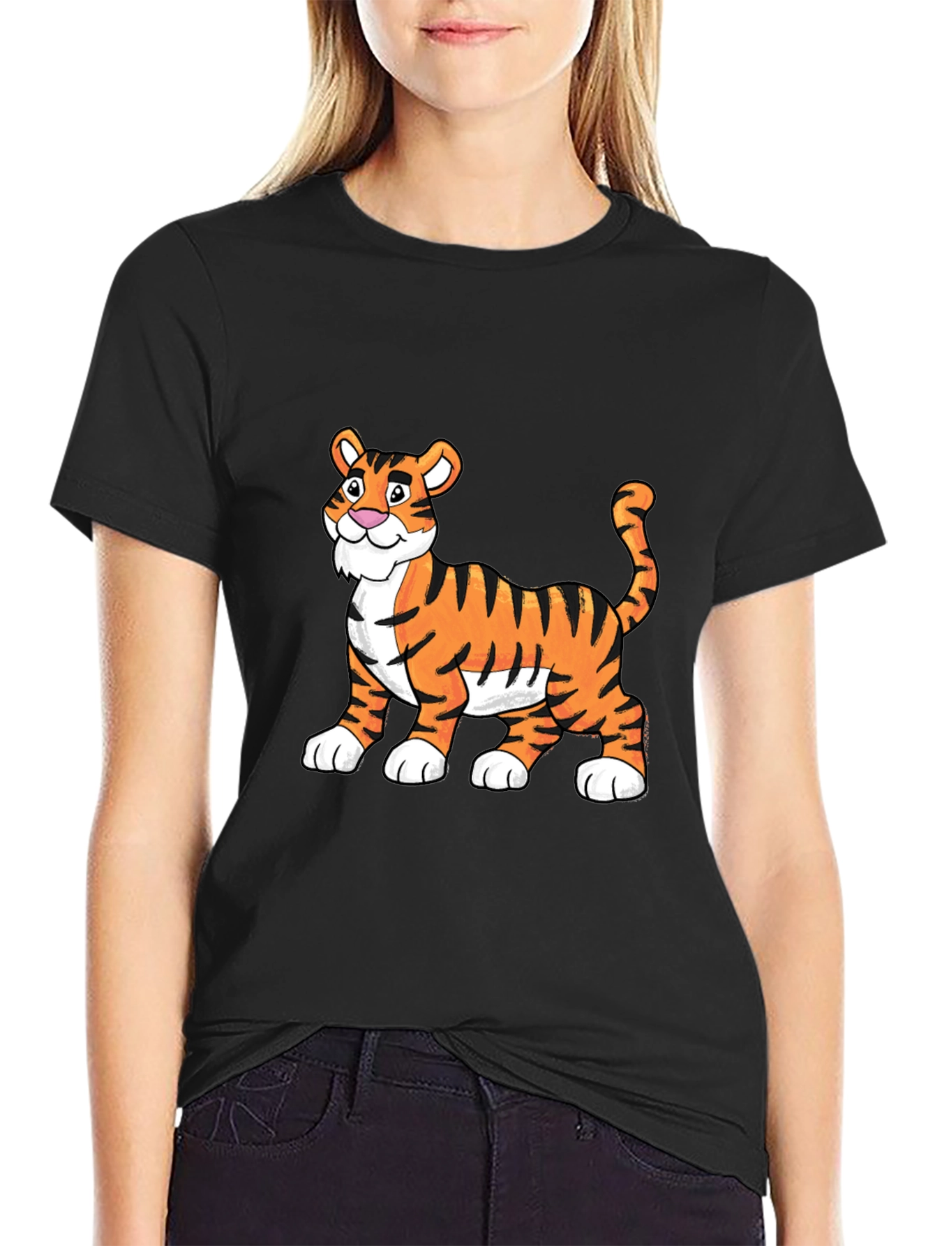 Black Cartoon Tiger Graphic Tee - Soft Black Cotton view 2