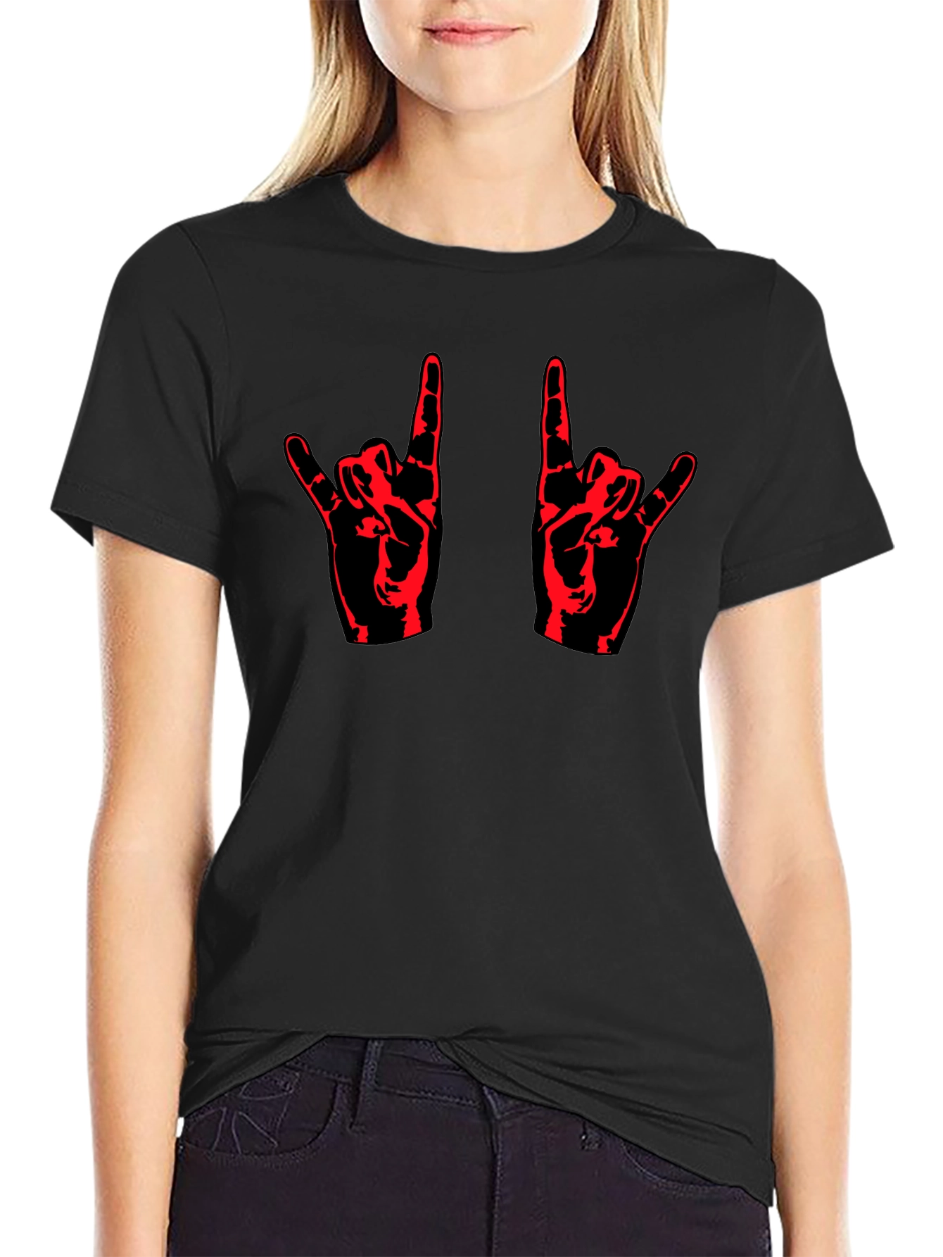 Black Rock On! Black T-Shirt with Red Hand Design view 2
