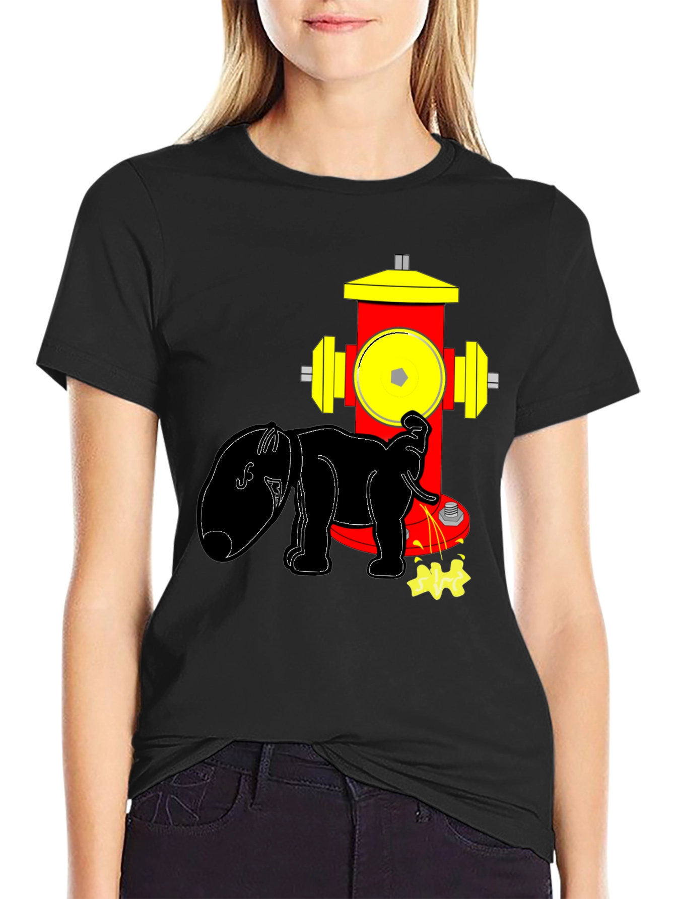 Black Funny Elephant Peeing on Fire Hydrant Black T-Shirt view 2