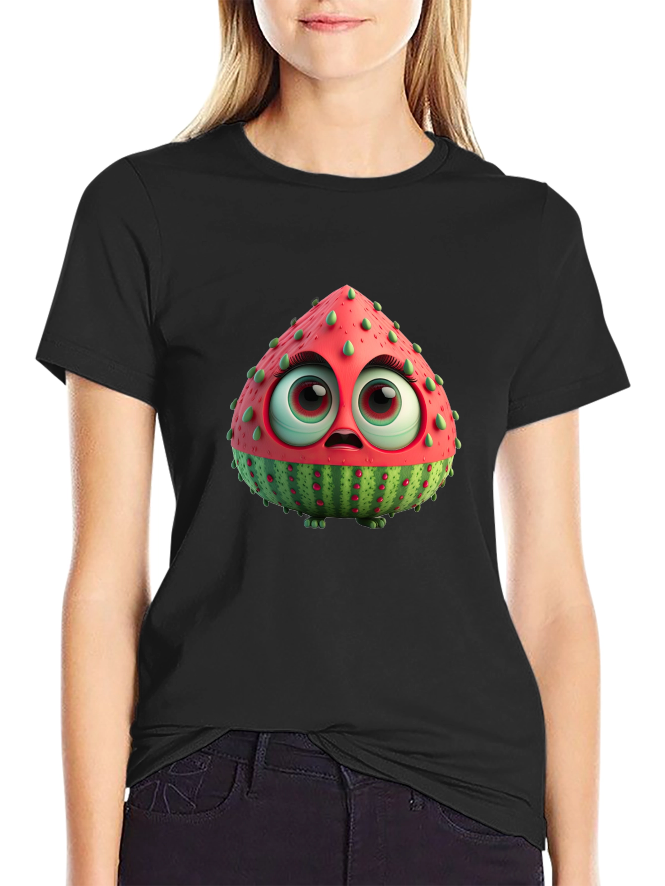 Black Cartoon Watermelon Character Black T-Shirt view 2
