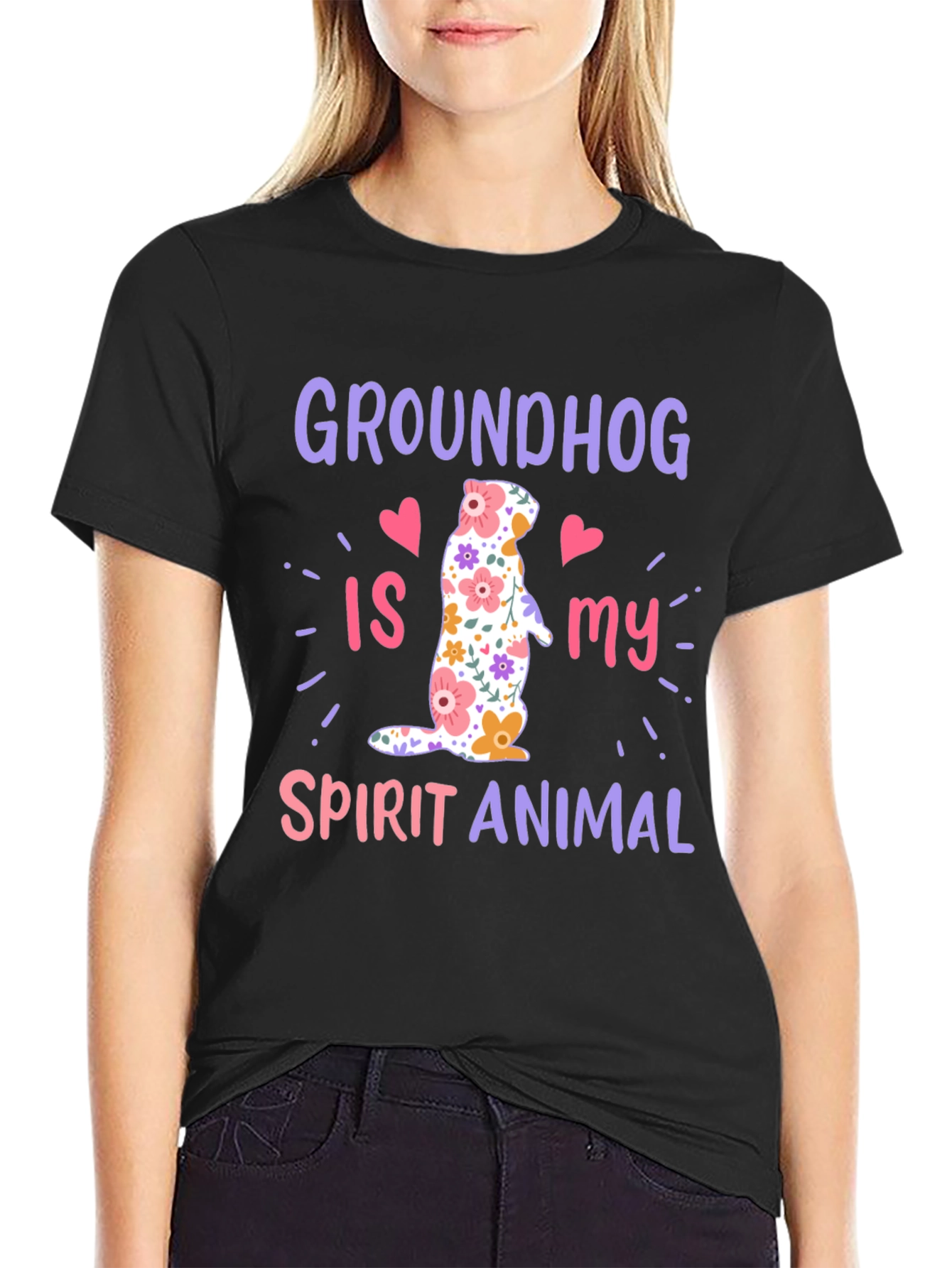 Black Groundhog Spirit Animal T-Shirt Funny Floral Design view 2