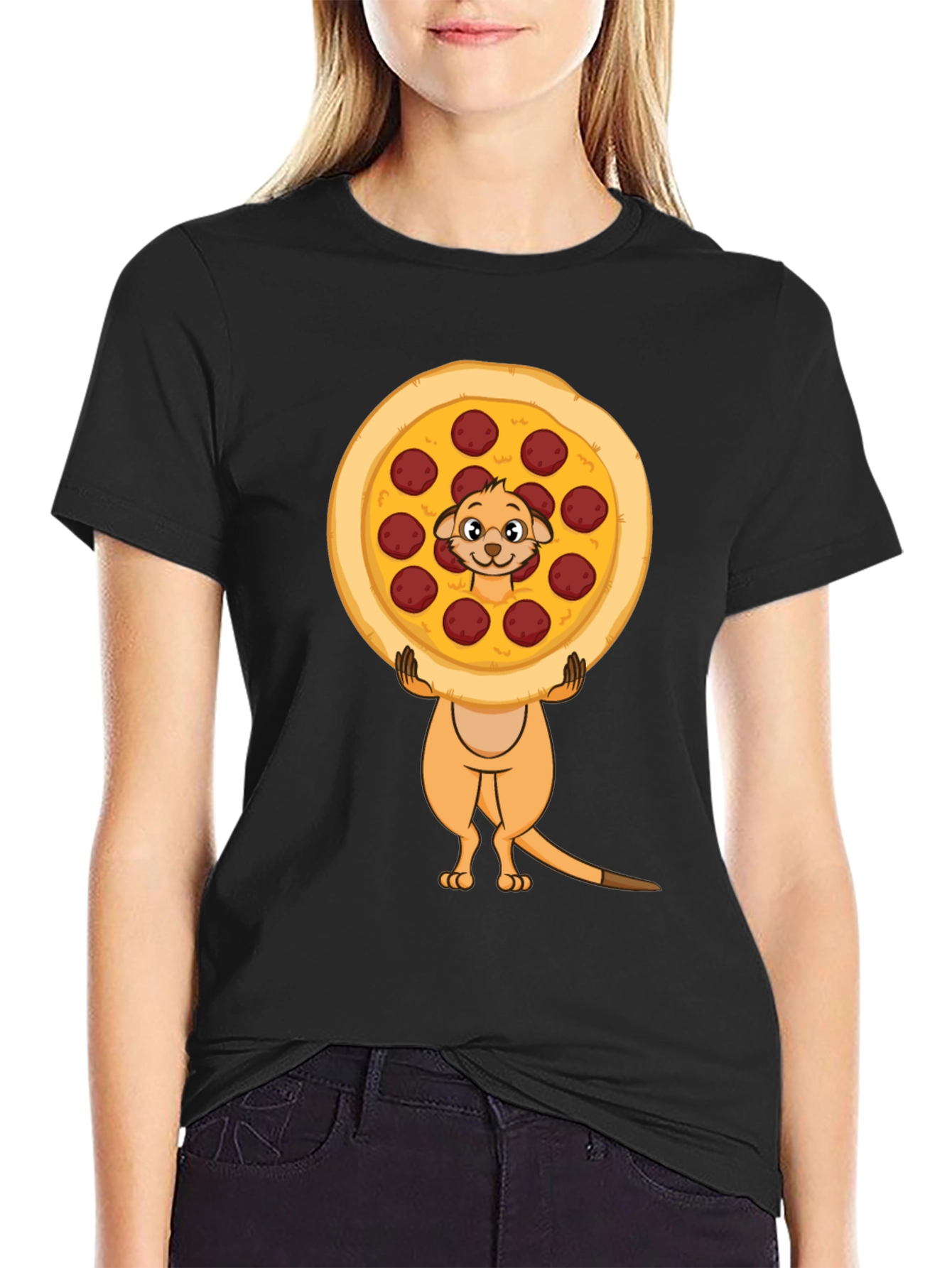Black Funny Meerkat Pizza Lover Black T-Shirt view 2