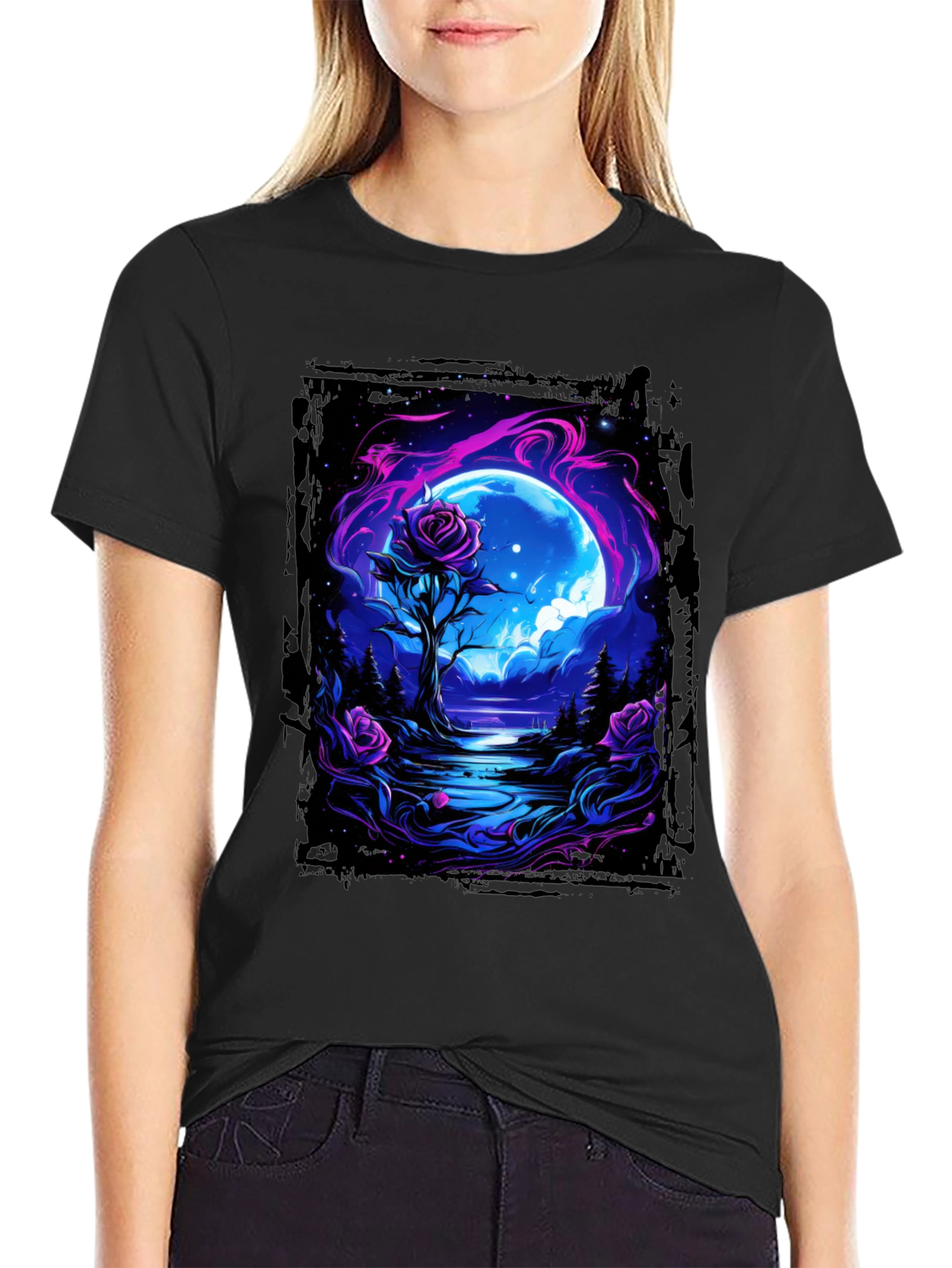 Black Mystic Moonlit Rose Graphic Tee view 2