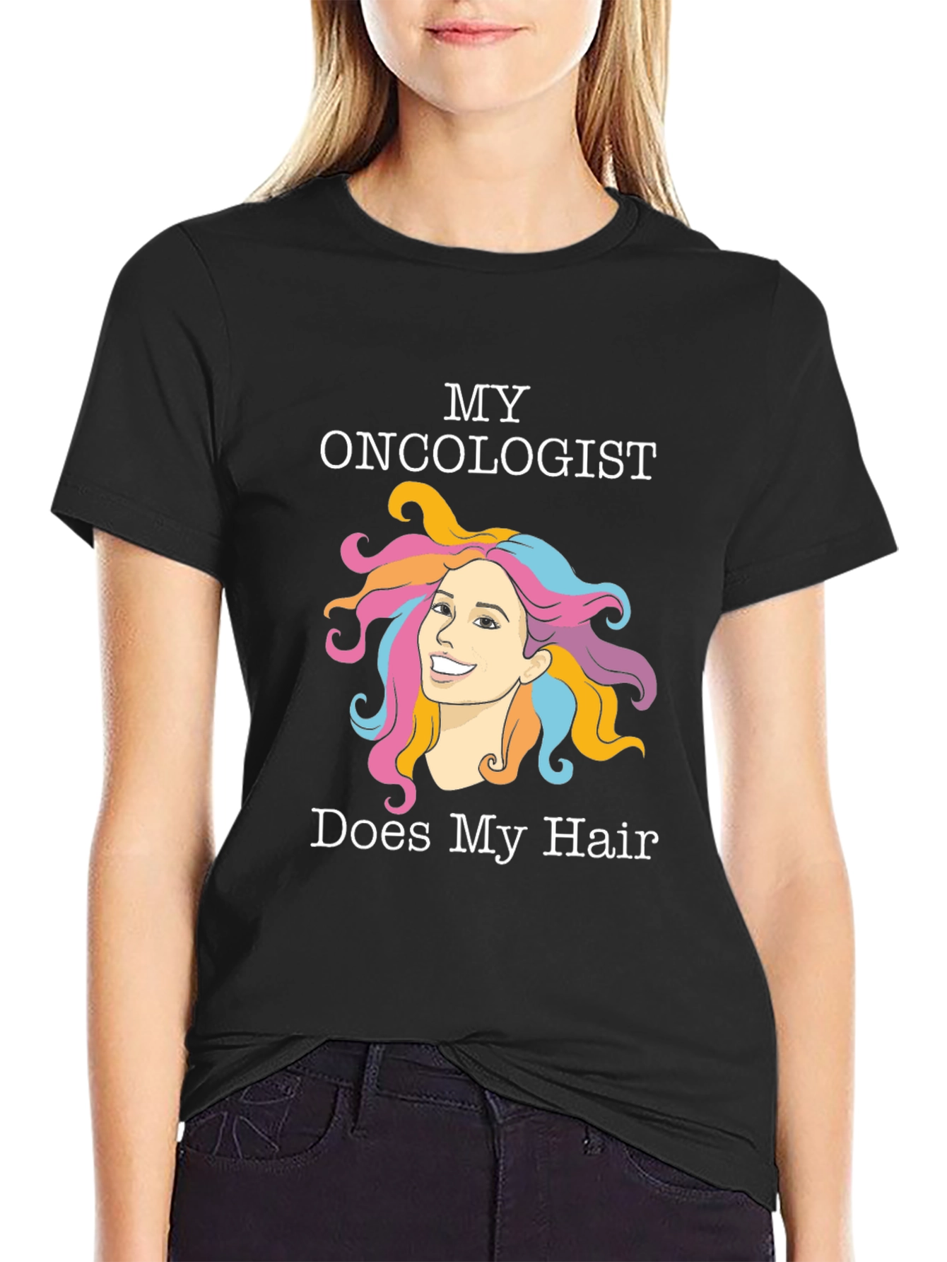 Black Funny Oncology T-Shirt - Hair Design view 2