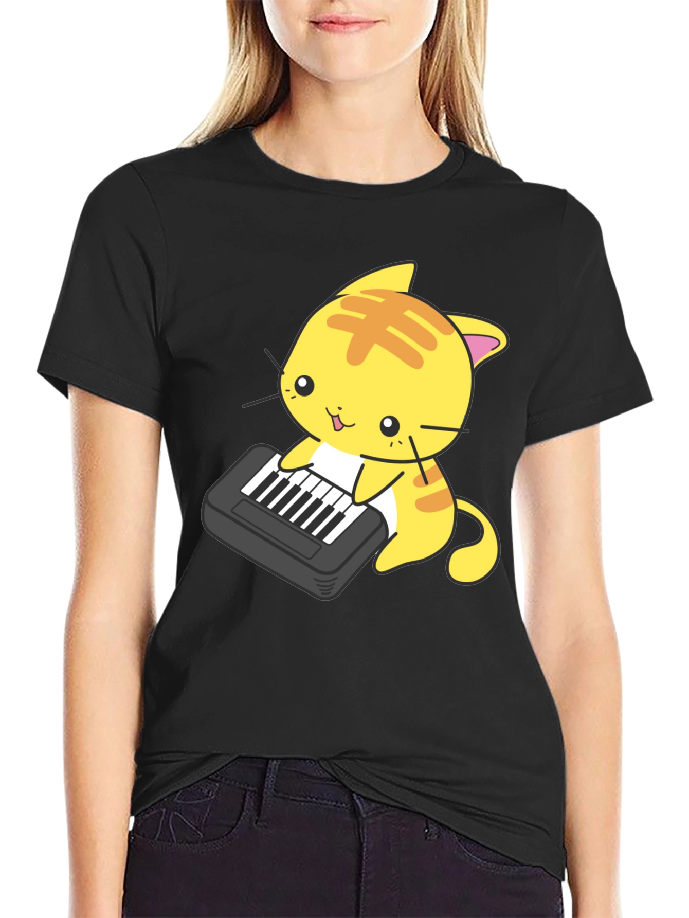 Black Cute Cat Keyboard T-Shirt view 2