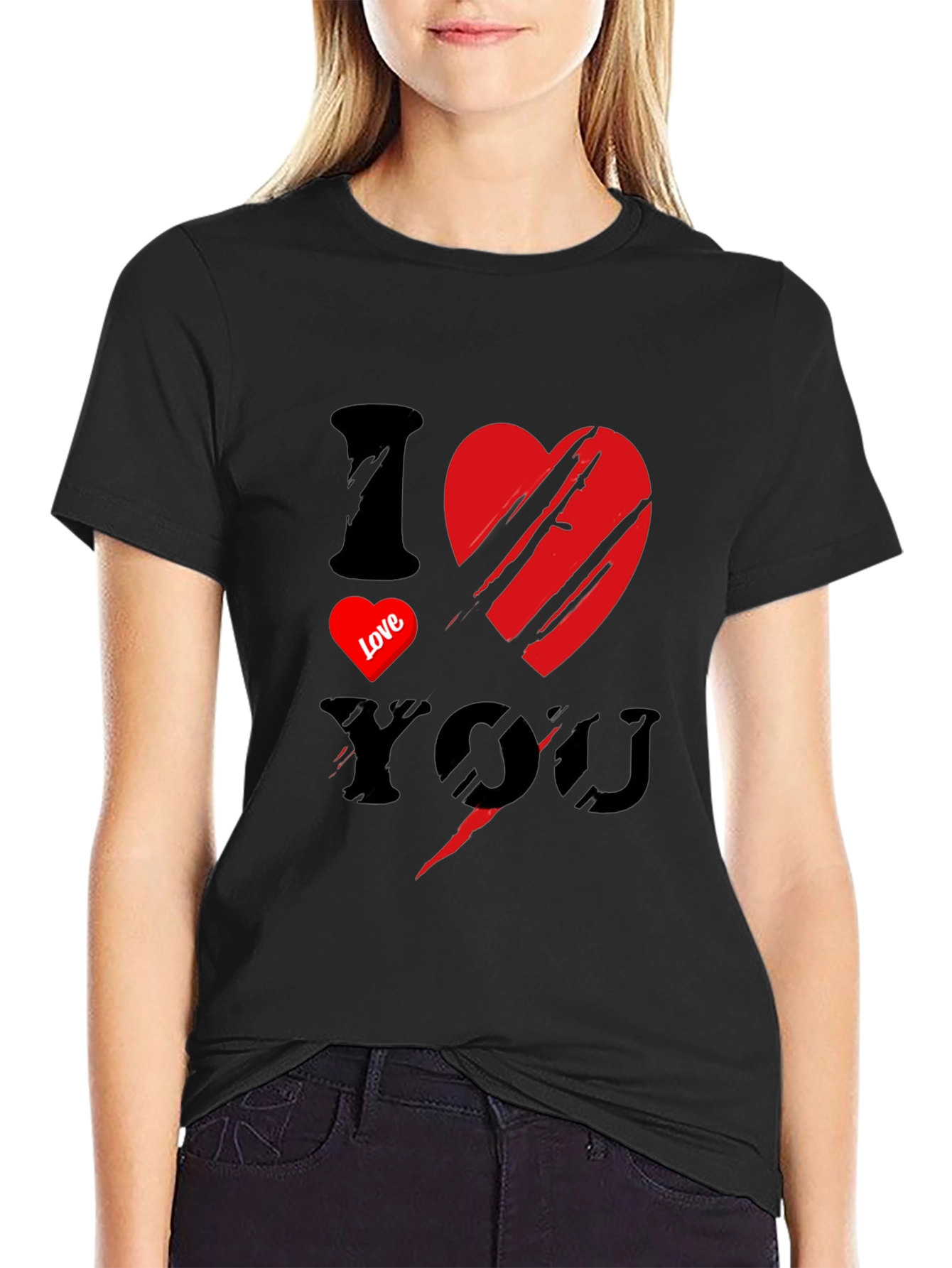 Black I Love You Graphic Print Men's Black T-Shirt view 2