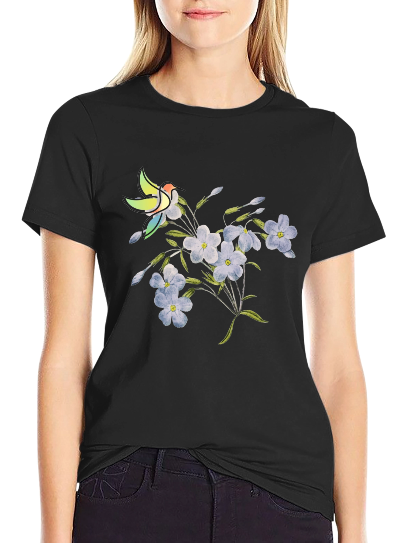 Black Floral & Bird Graphic Tee - Casual Black T-Shirt view 2