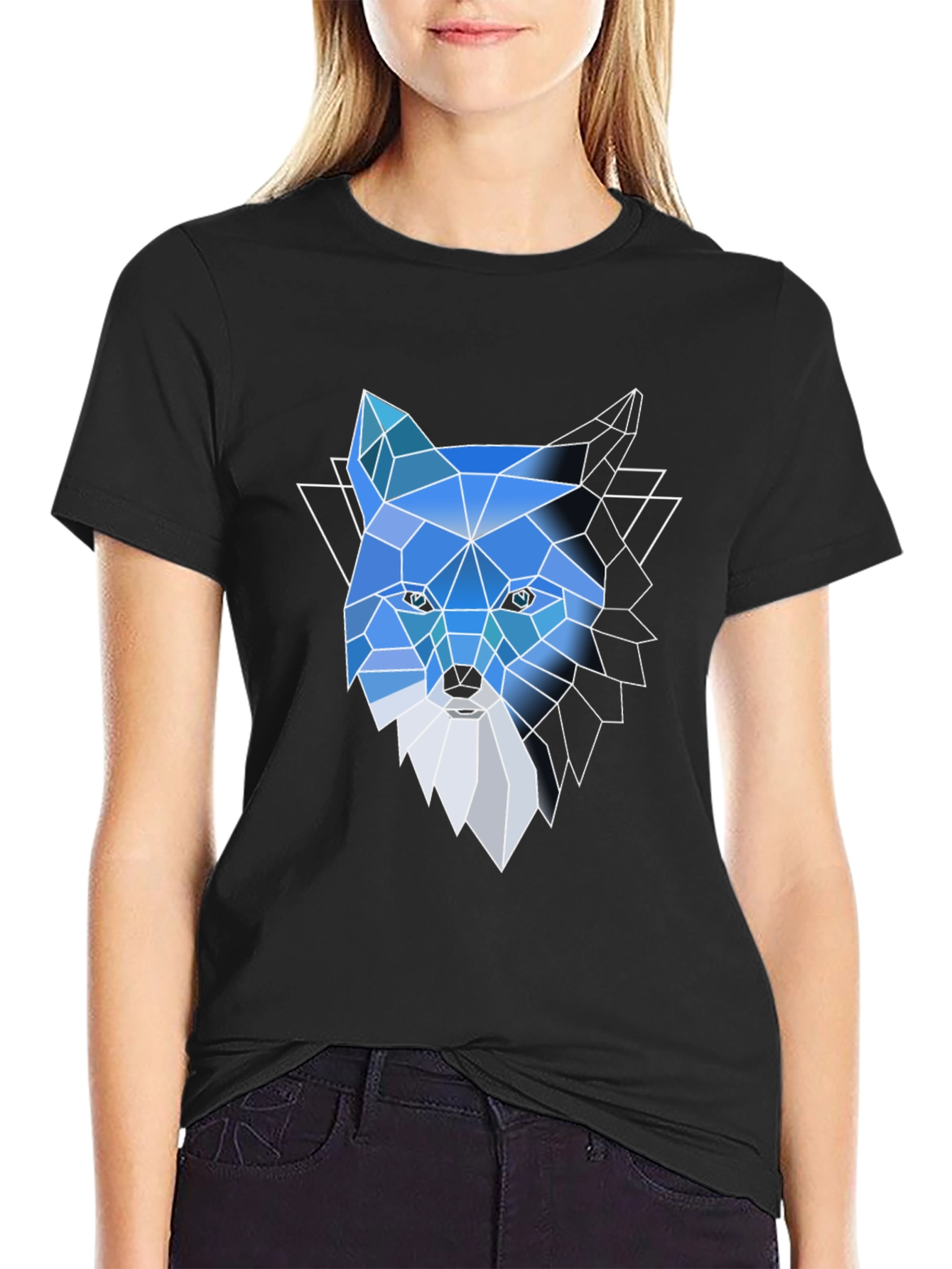 Black Geometric Fox Graphic Tee - Modern Crew Neck T-Shirt view 2