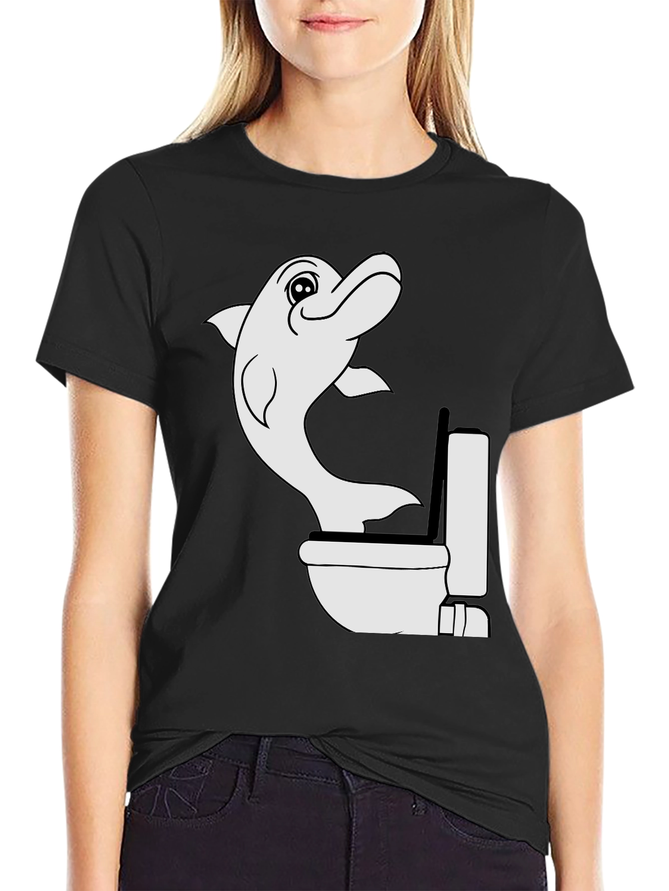 Black Dolphin Toilet Humor Black T-Shirt view 2