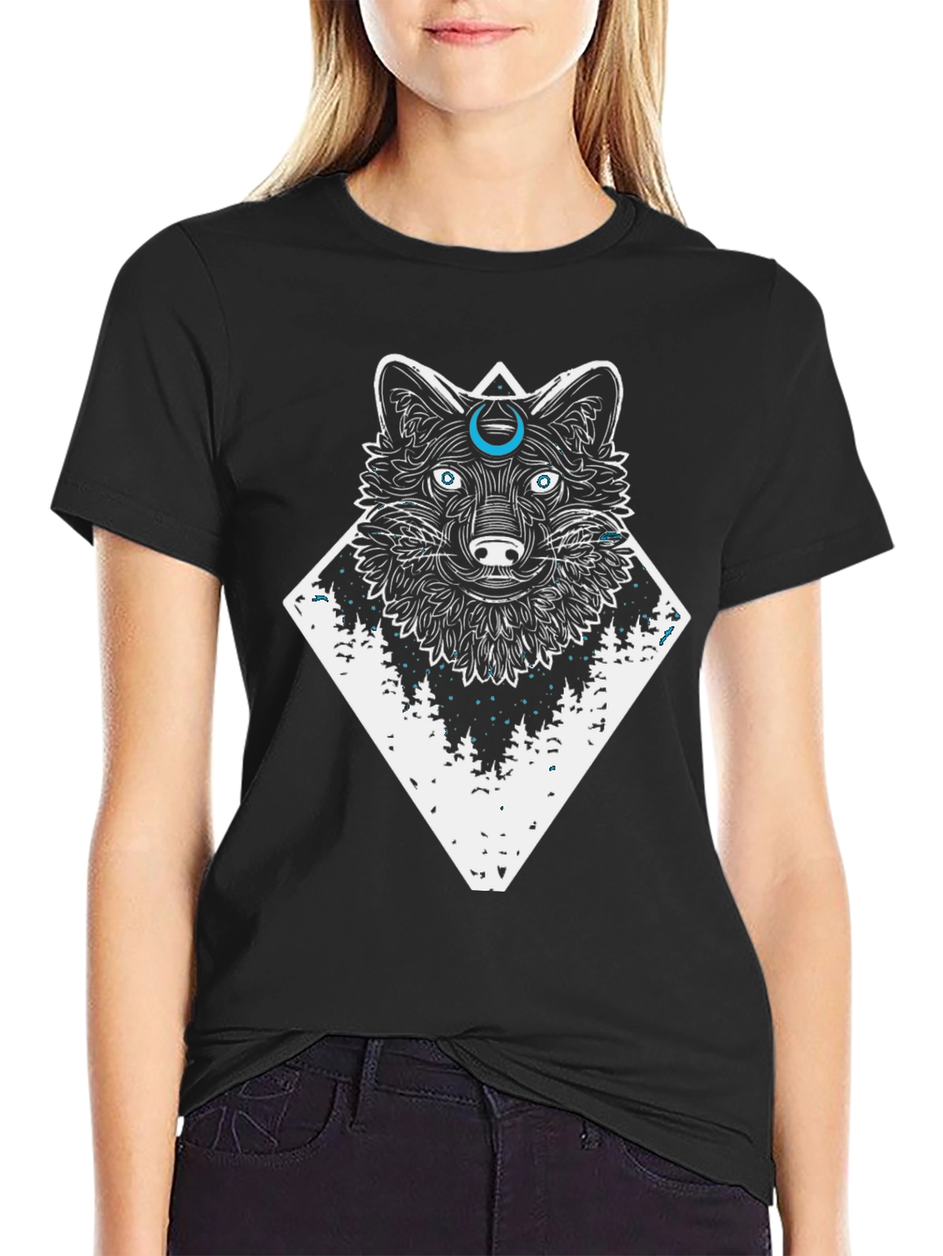 Black Wolf & Moon Graphic Tee - Black Cotton T-Shirt view 2