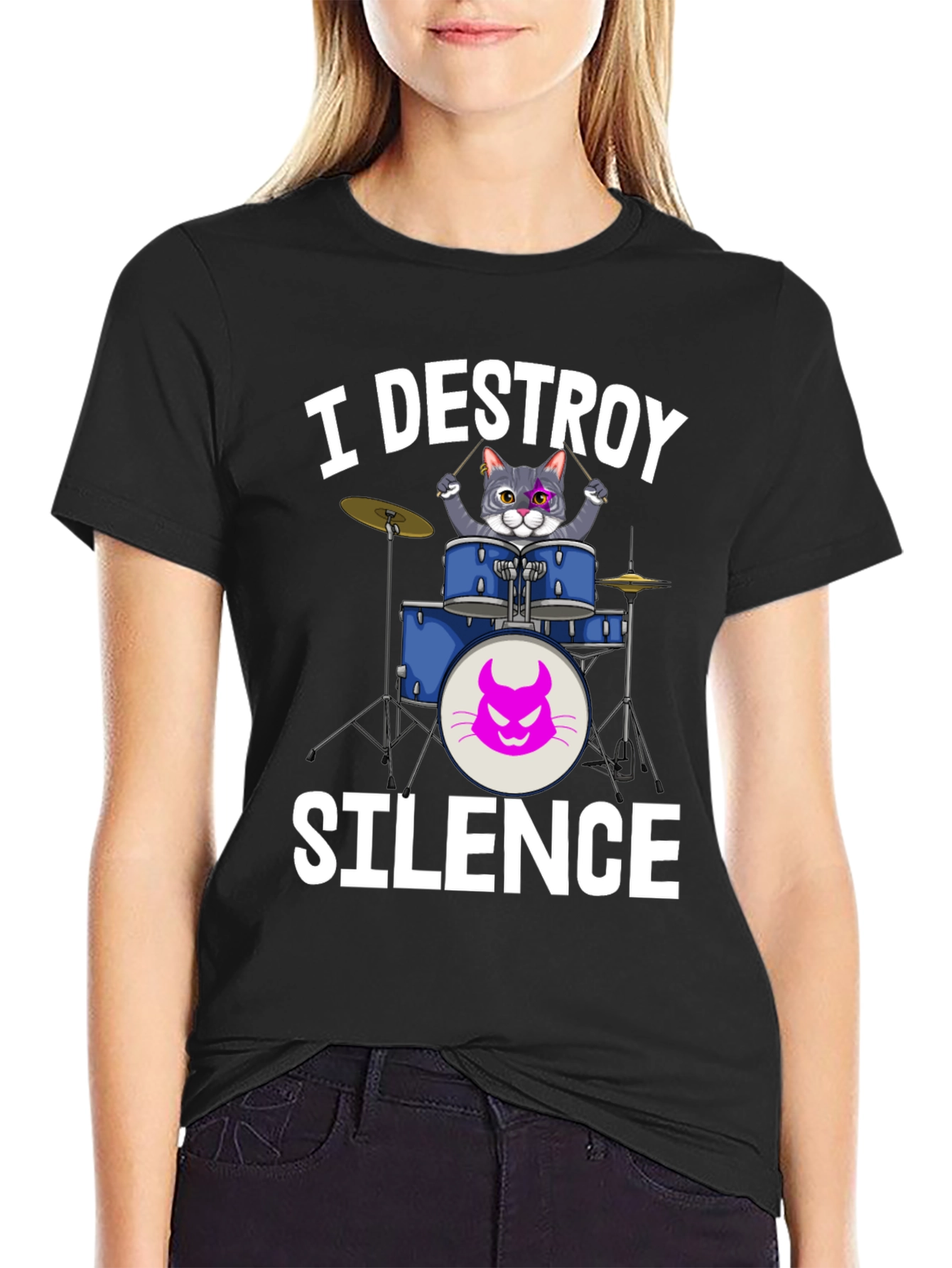 Black I Destroy Silence Cat Drummer T-Shirt view 2