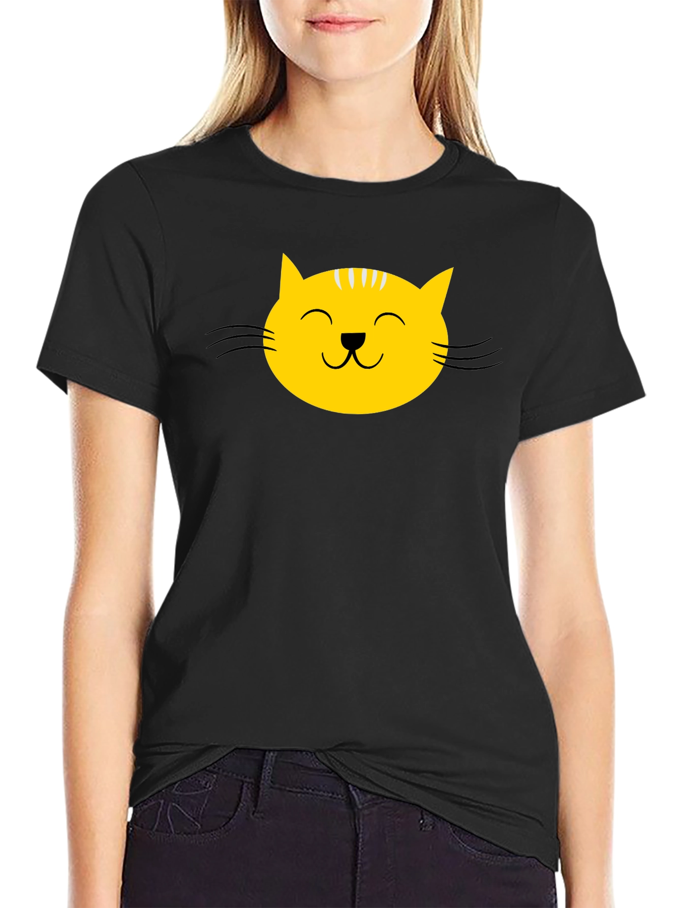 Black Black T-Shirt with Yellow Cat Face Graphic view 2