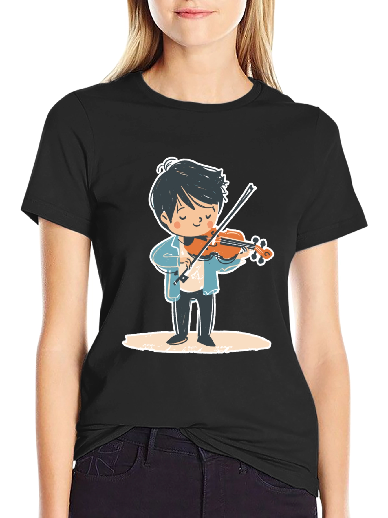 Black Violinist Cartoon Graphic Tee - Unisex Black T-Shirt view 2