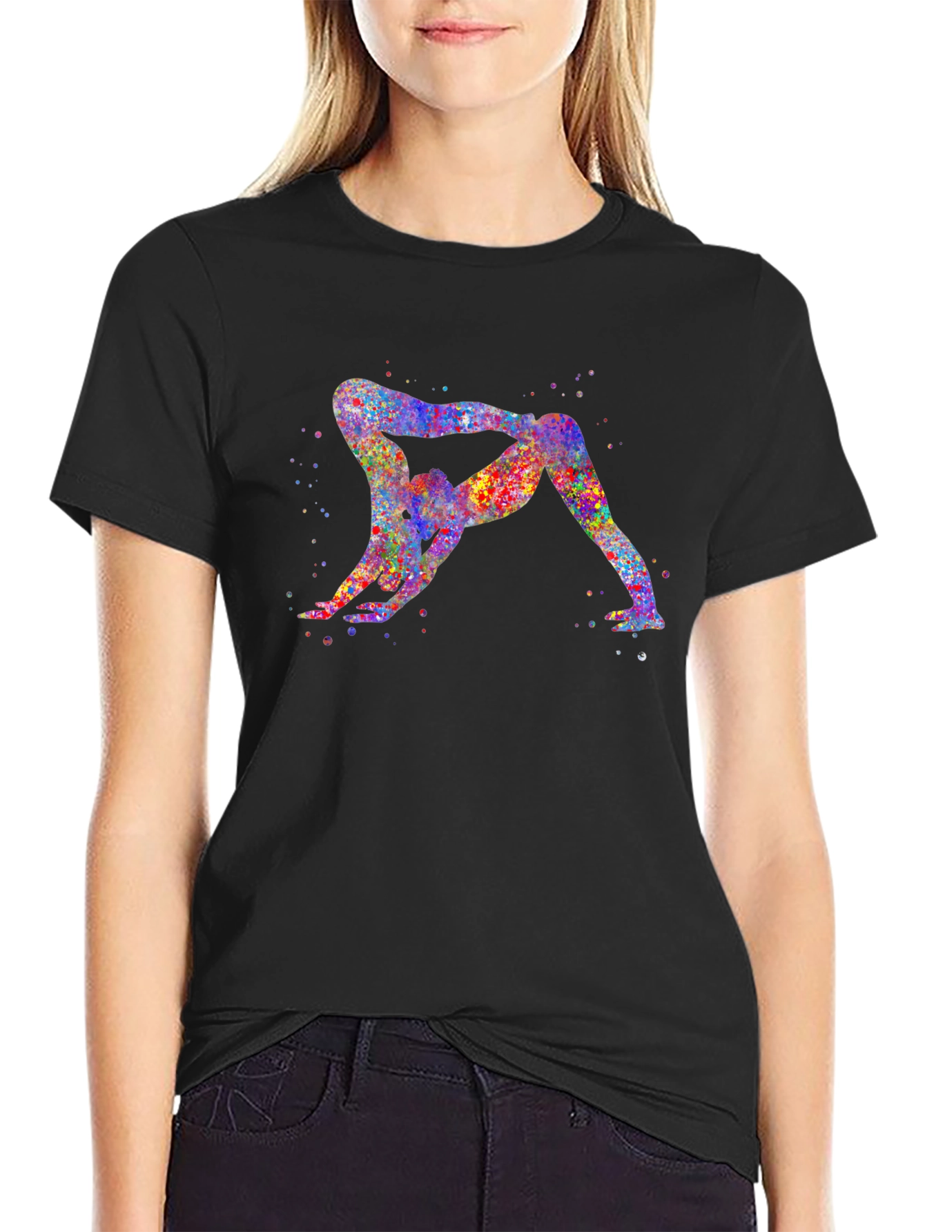 Black Yoga Couple Watercolor Graphic Tee - Unisex Black T-Shirt view 2