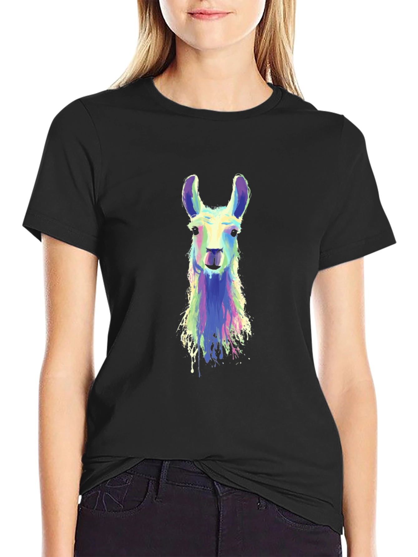 Black Llama Art Graphic Tee - Cool Animal Shirt view 2