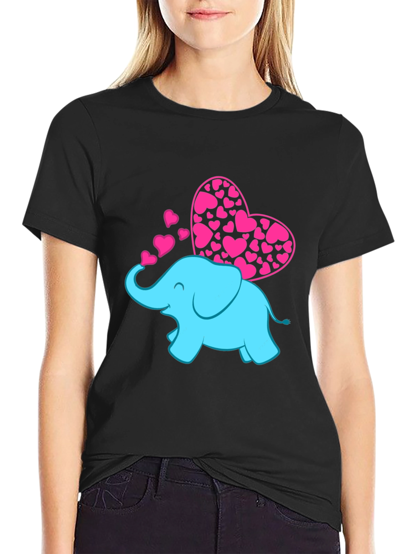 Black Elephant Love T-Shirt - Pink Hearts view 2