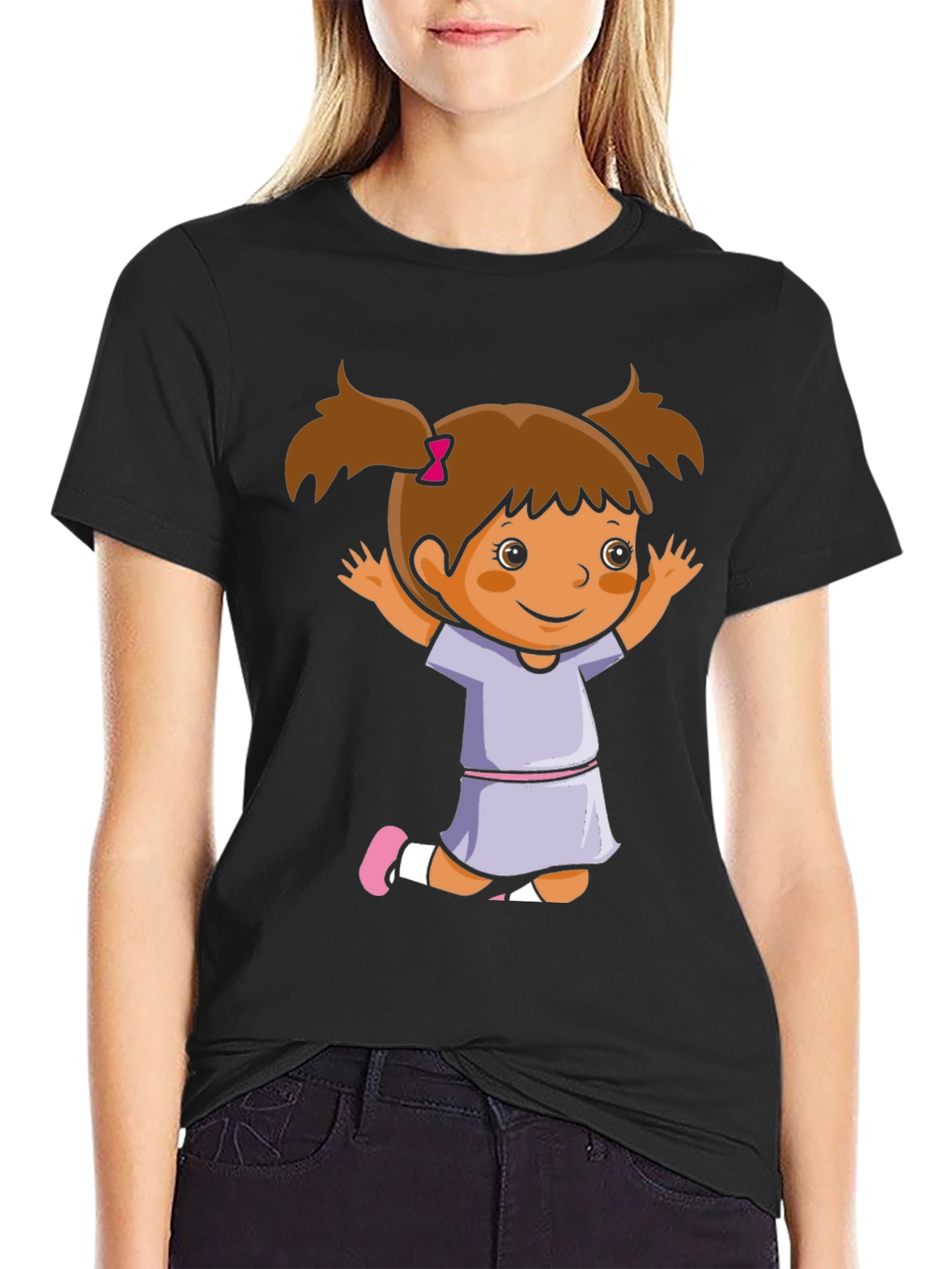Black Cute Girl Cartoon Black T-Shirt view 2