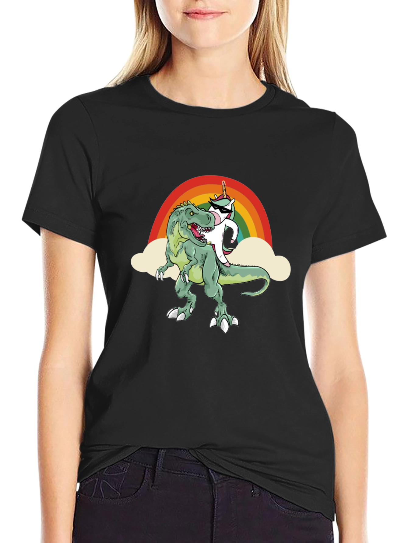 Black Unicorn Riding Dinosaur T-Shirt Funny Tee view 2