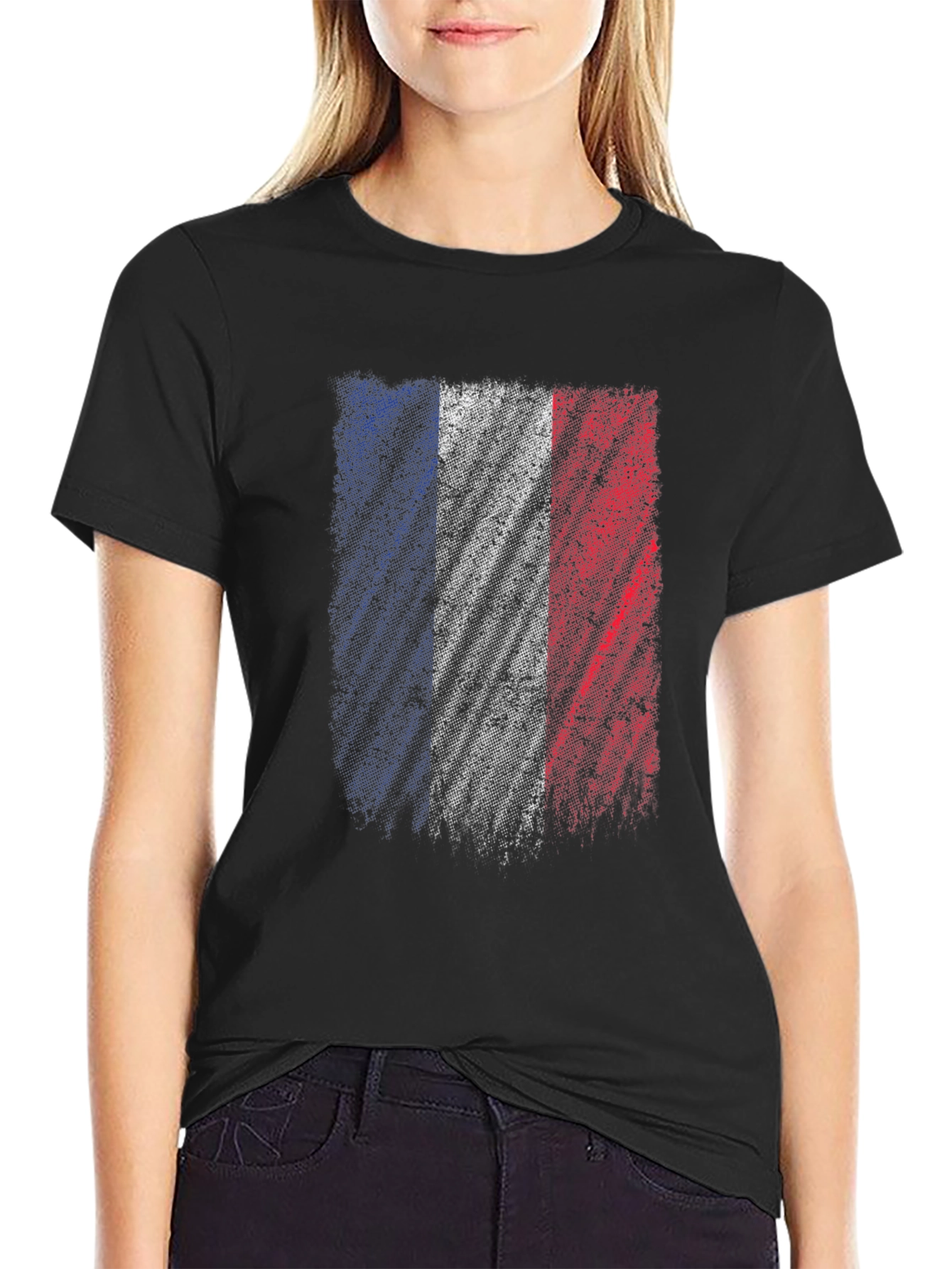 Black France Flag Graphic T-Shirt - Distressed Design view 2