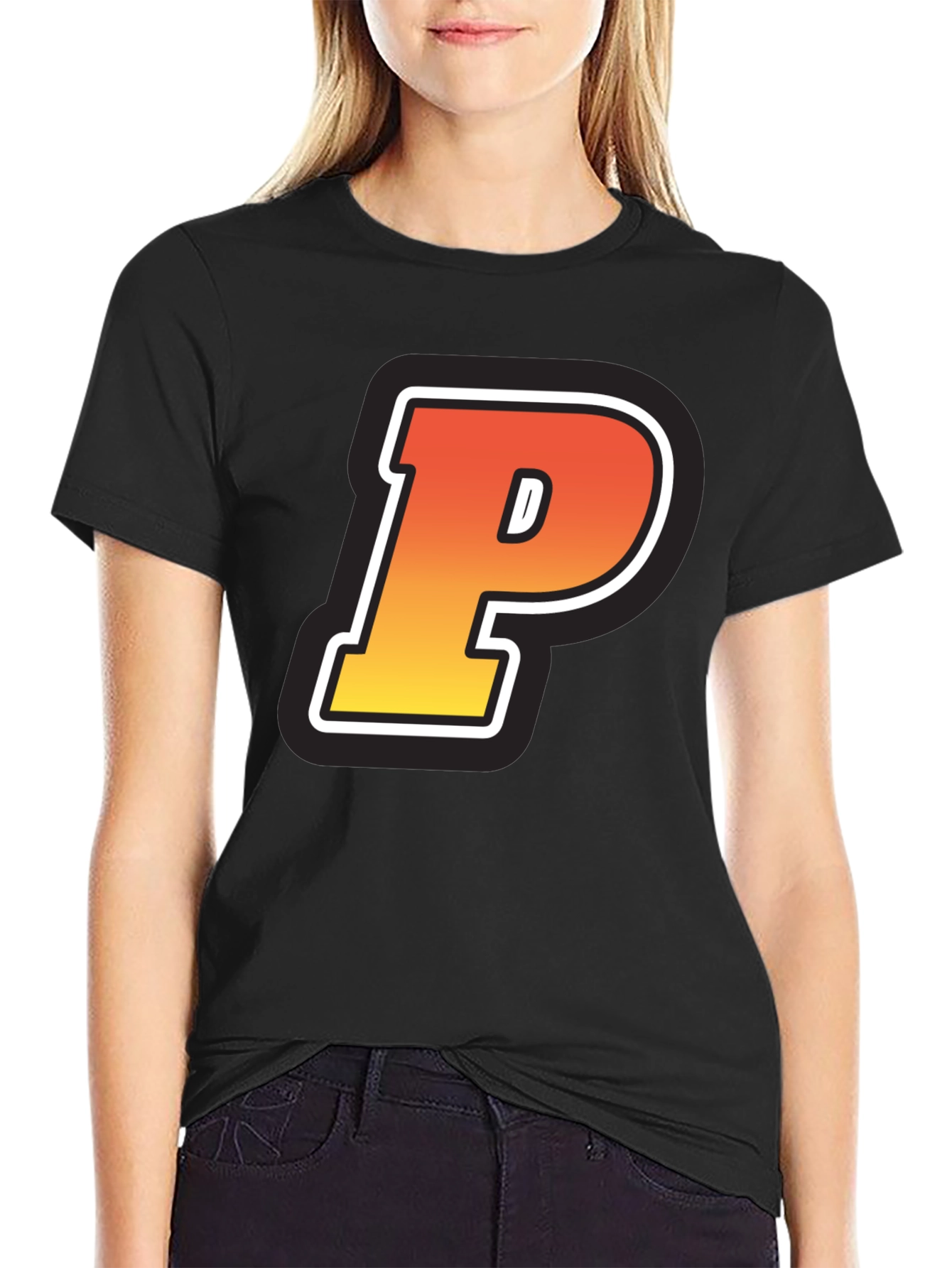Black Retro P Letter T-Shirt - Black Cotton Tee view 2