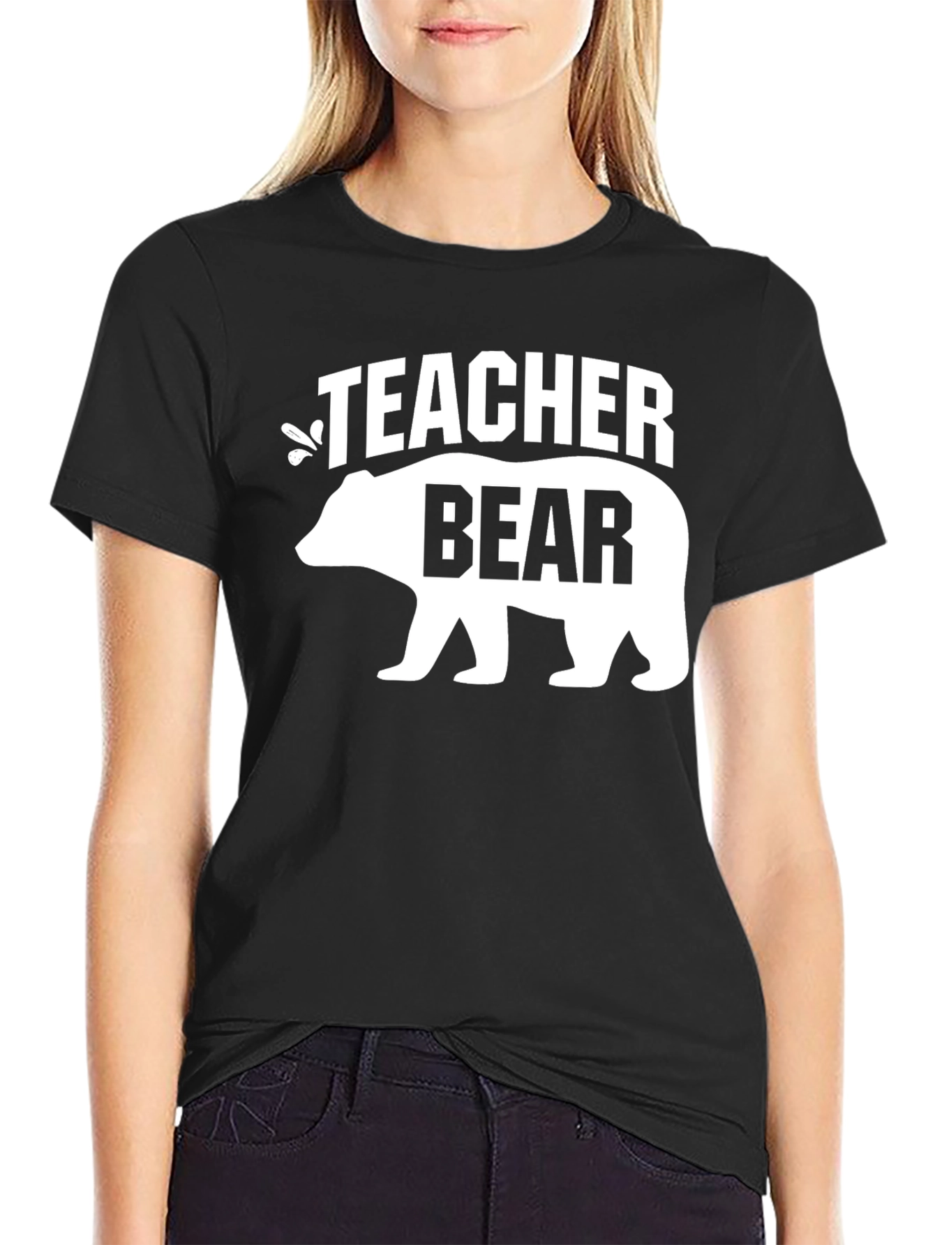 Black Teacher Bear Graphic T-Shirt - Black Crew Neck view 2