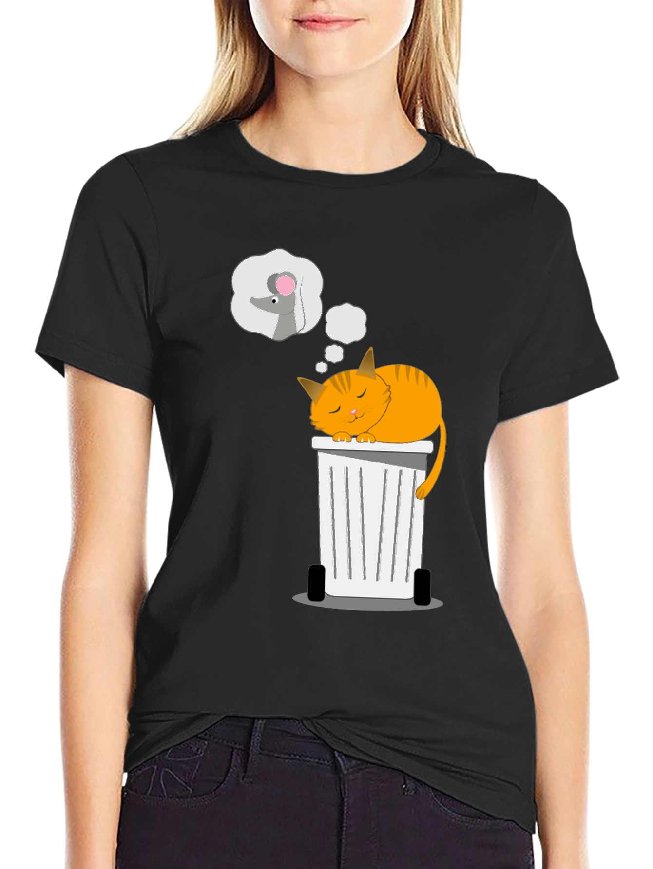 Black Cat Sleeping on Trash Can T-Shirt view 2