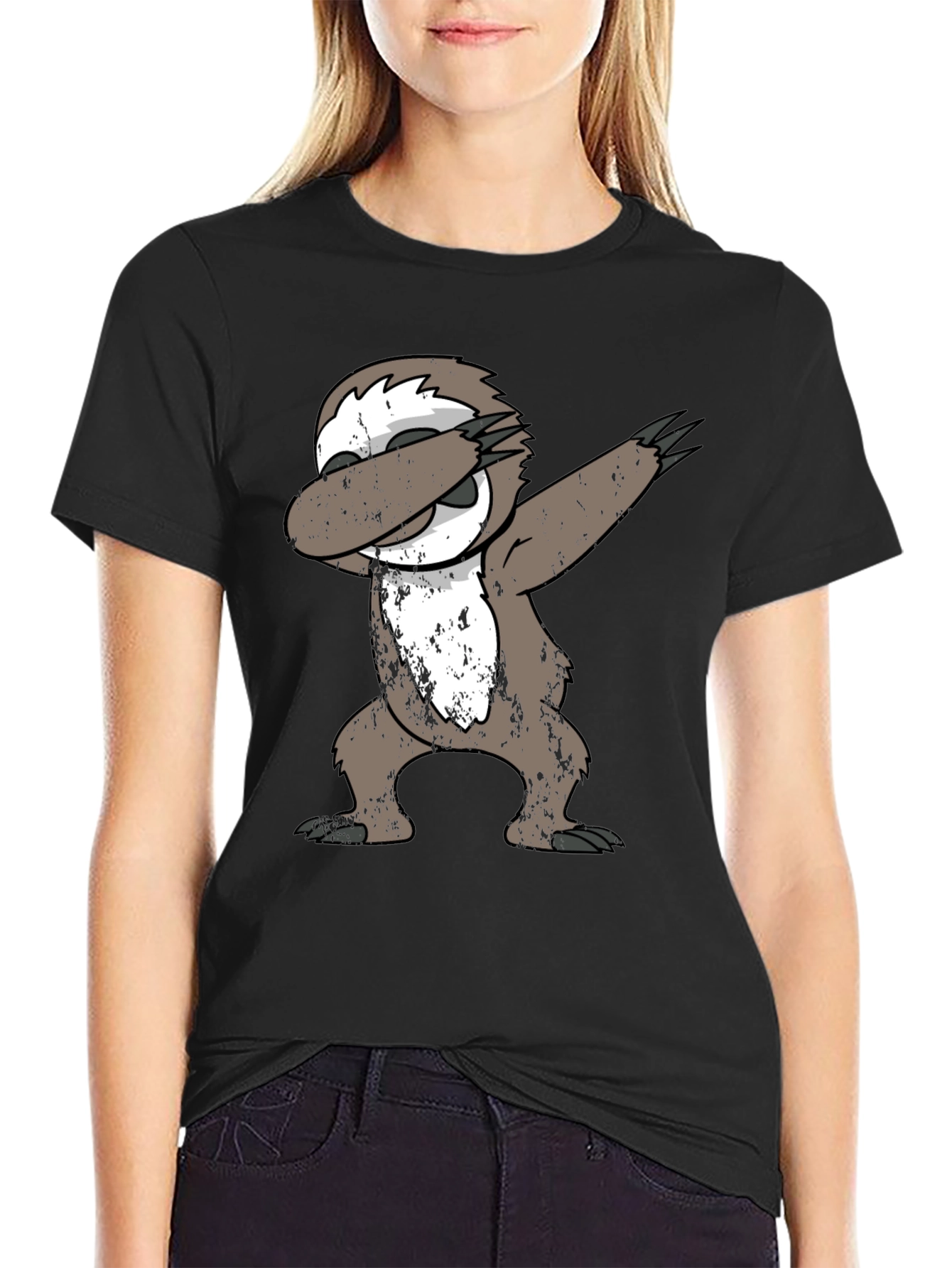 Black Dabbing Sloth Black T-Shirt view 2