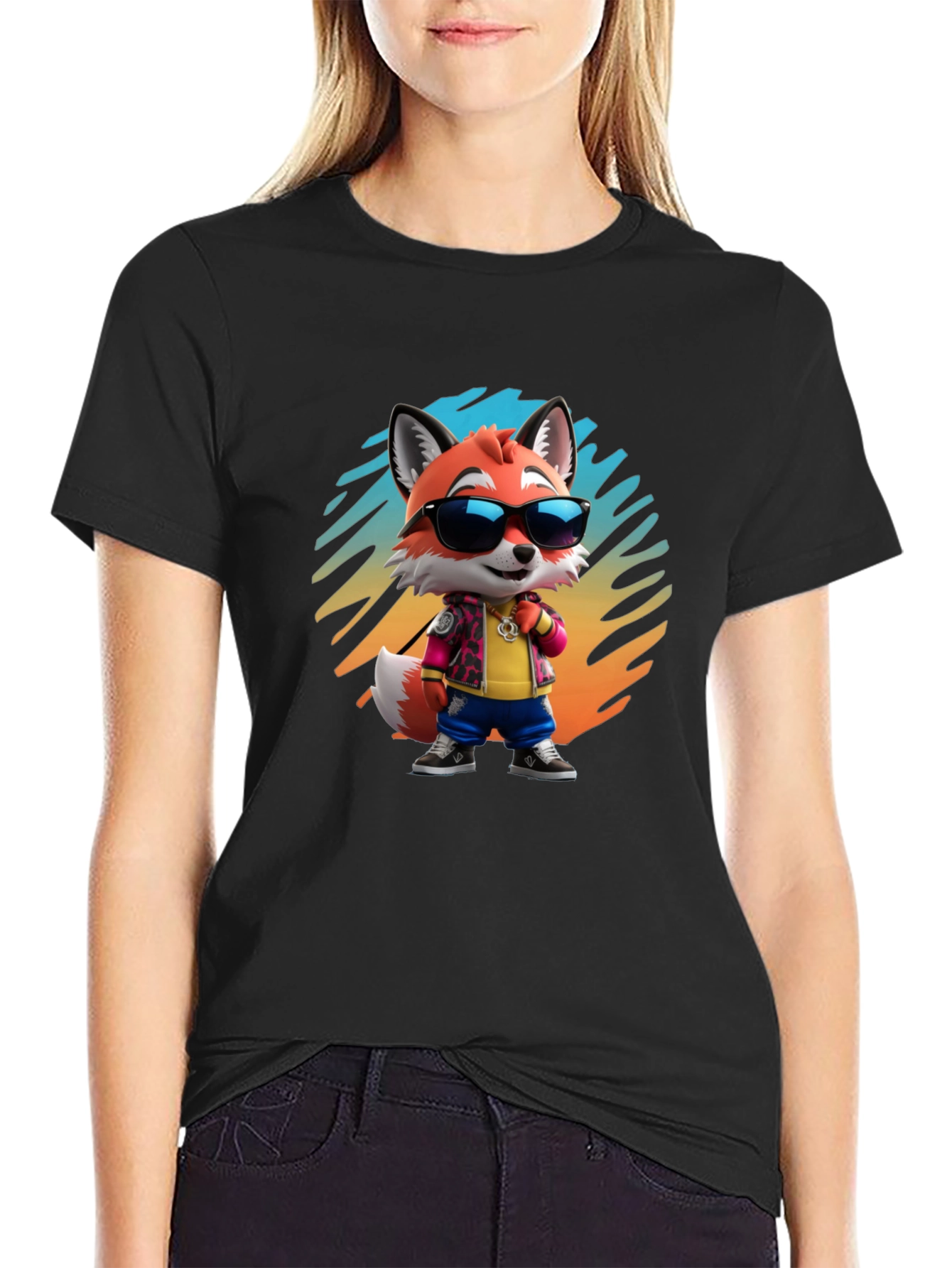 Black Cool Cartoon Fox T-Shirt - Black Cotton Tee view 2
