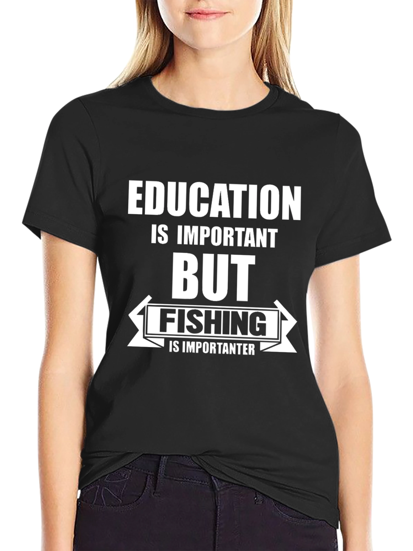 Black Funny Fishing T-Shirt: Education is Important view 2