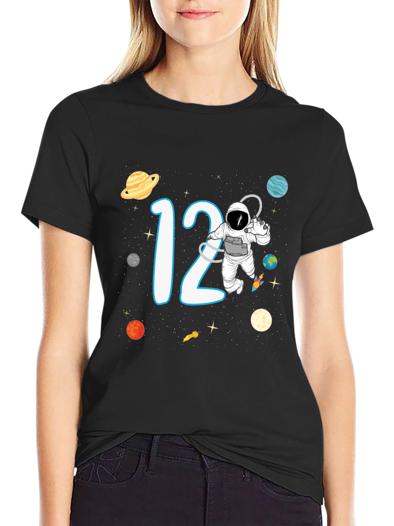Black 12th Birthday Space Adventure T-Shirt view 2