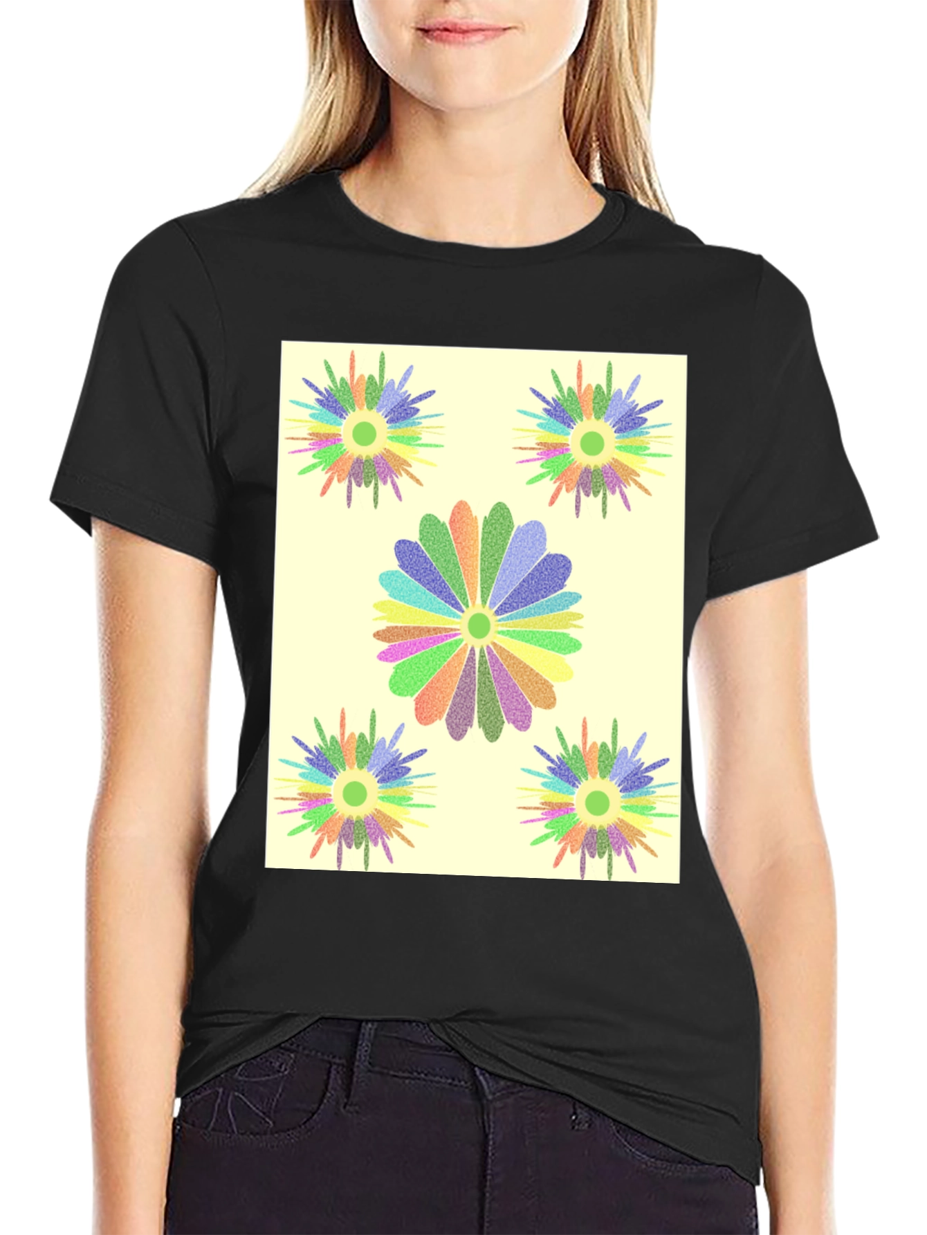 Black Floral Burst Graphic Tee - Black Cotton T-Shirt view 2