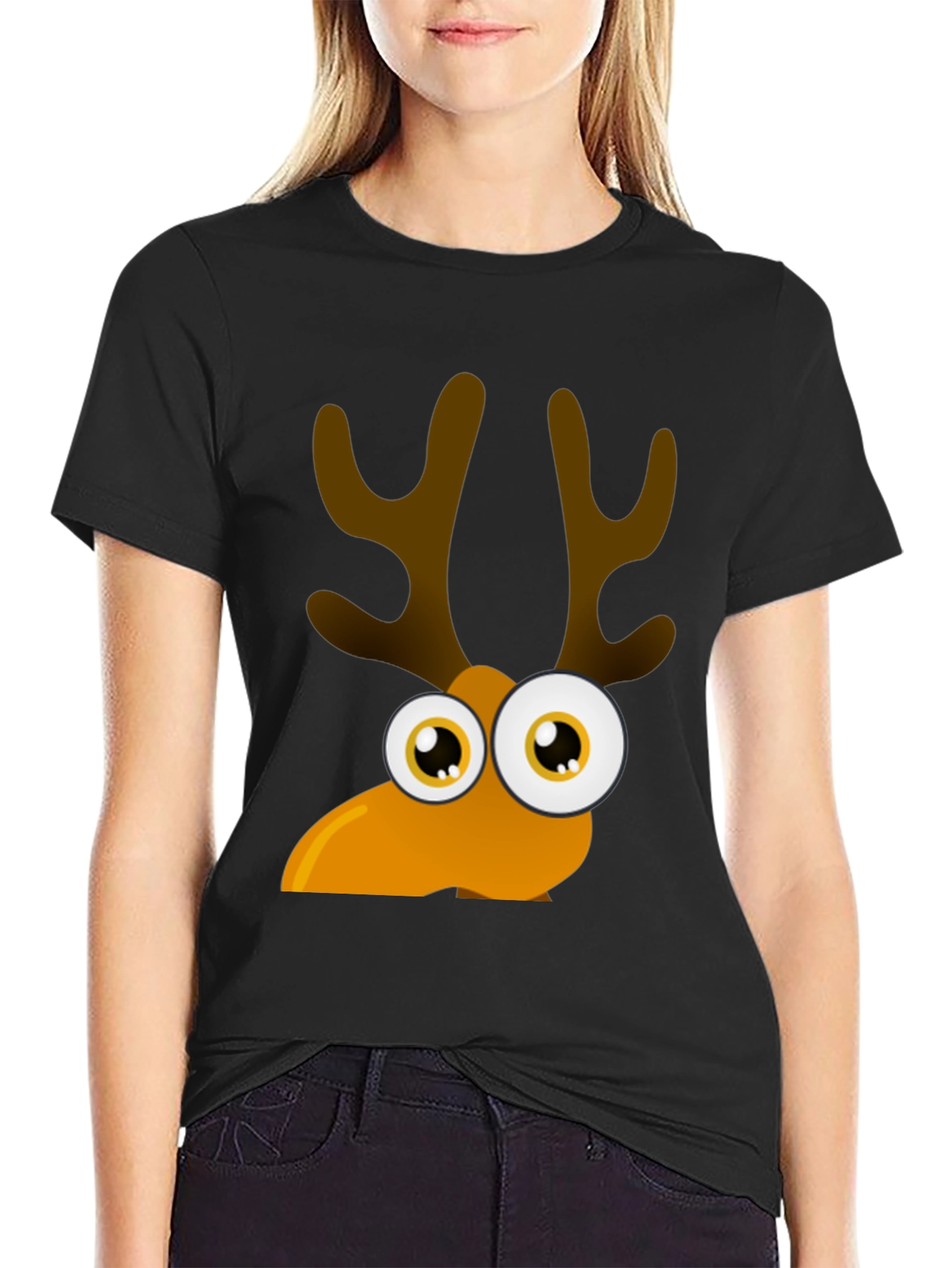 Black Funny Cartoon Reindeer Graphic Tee view 2