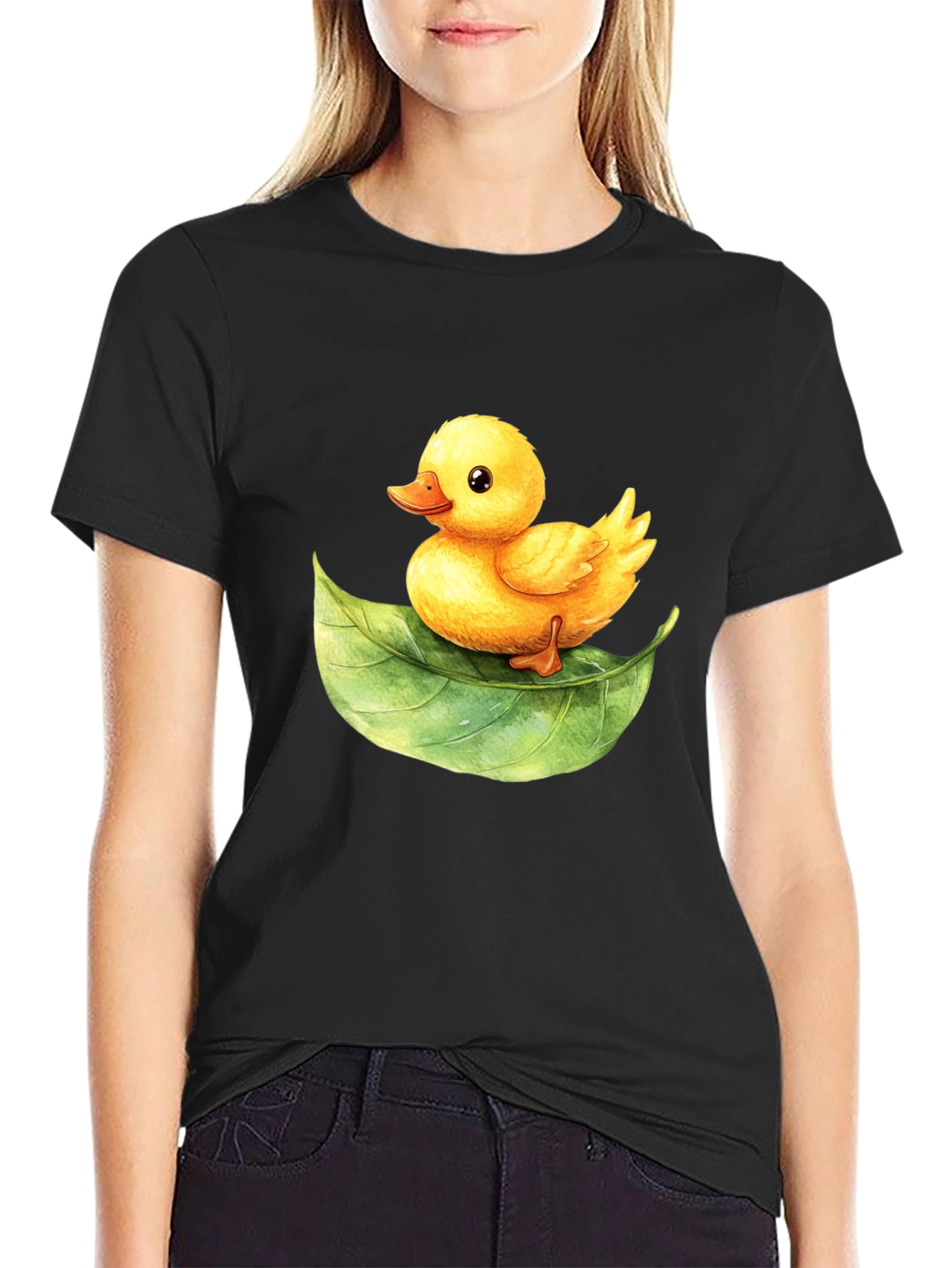 Black Cute Duckling on Leaf Graphic Tee view 2