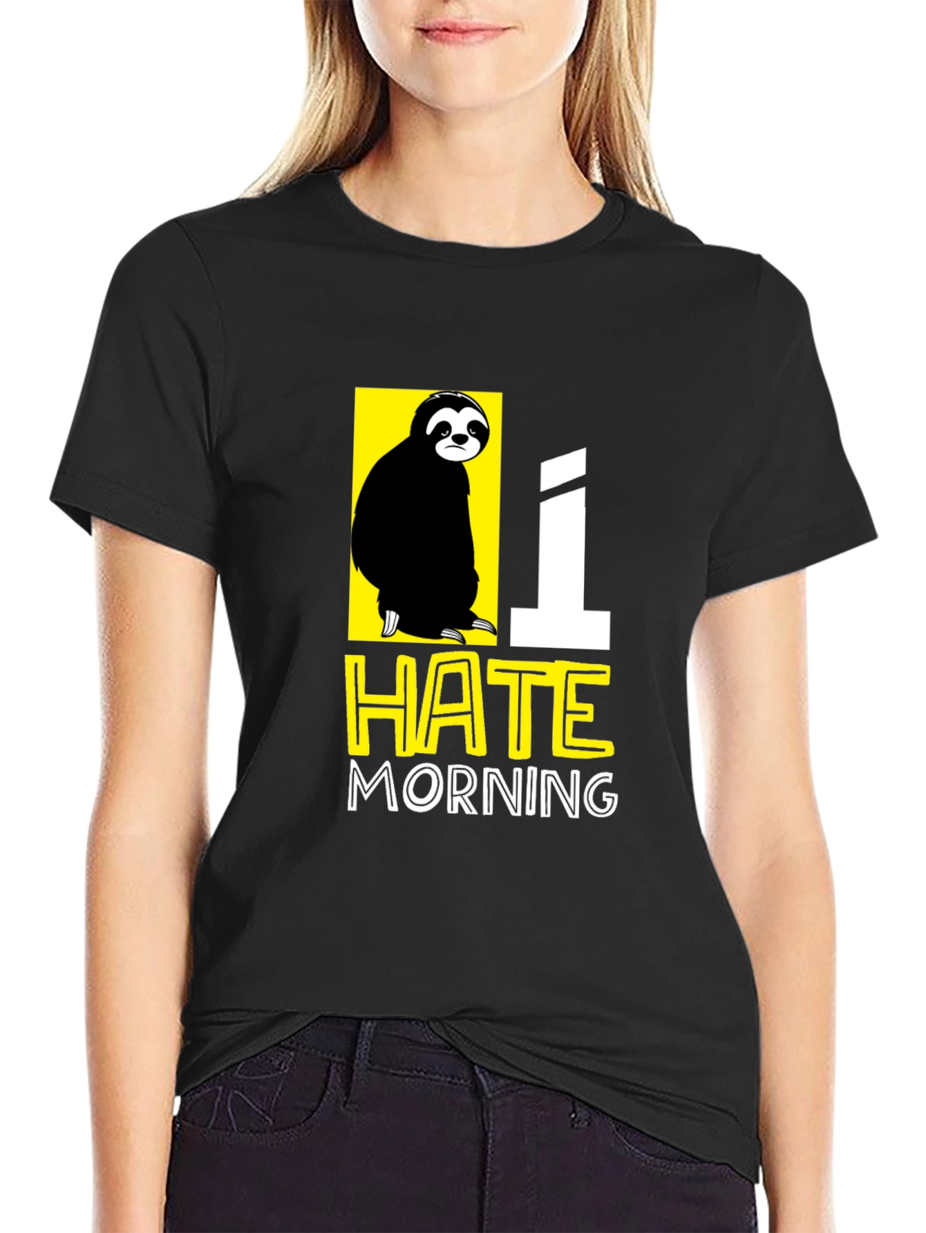 Black I Hate Morning Sloth Graphic T-Shirt view 2