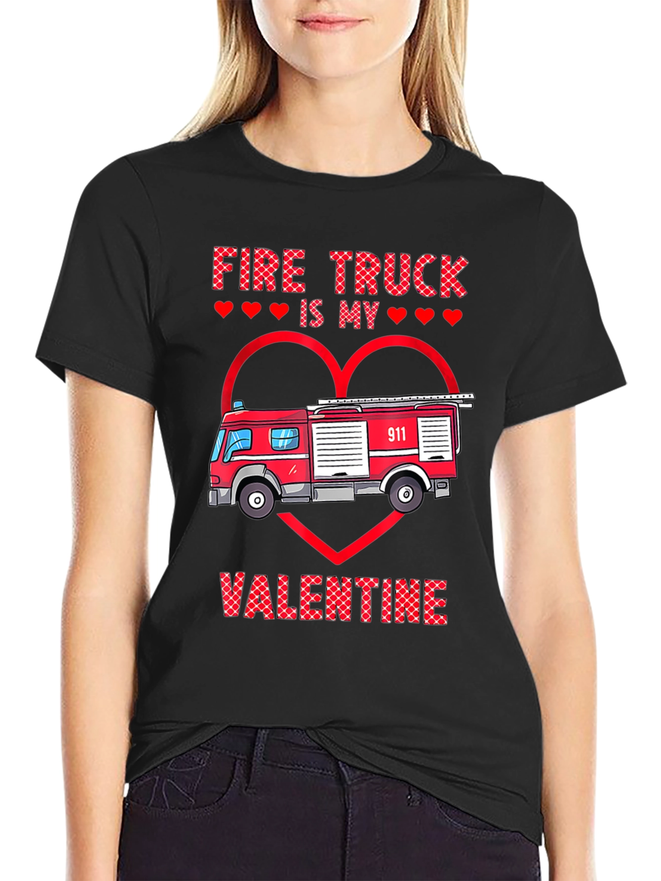 Black Fire Truck Valentine's Day Graphic Tee view 2