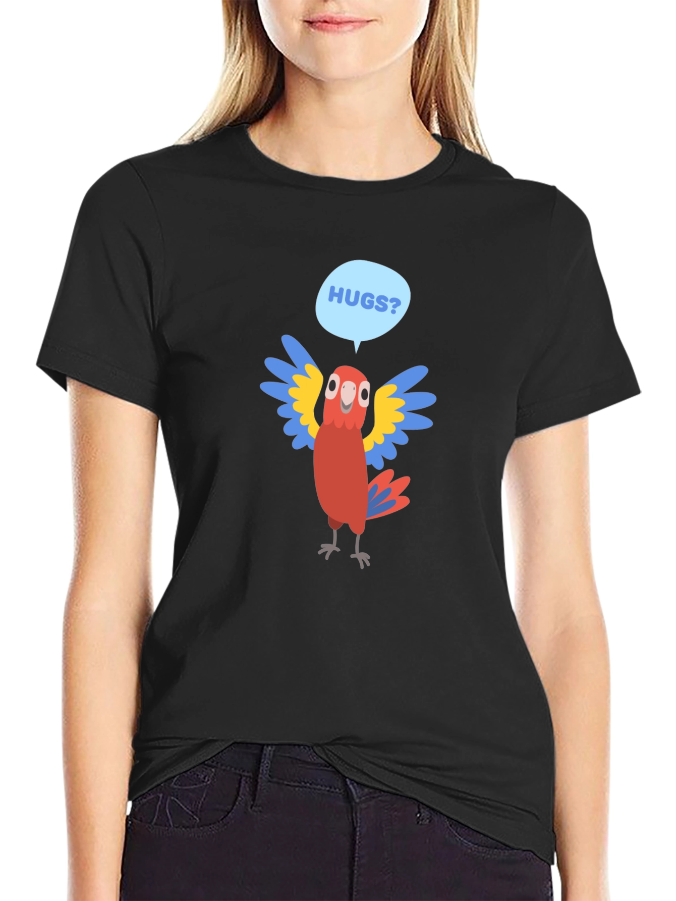 Black Hugs Parrot Graphic T-Shirt - Fun Novelty Tee view 2