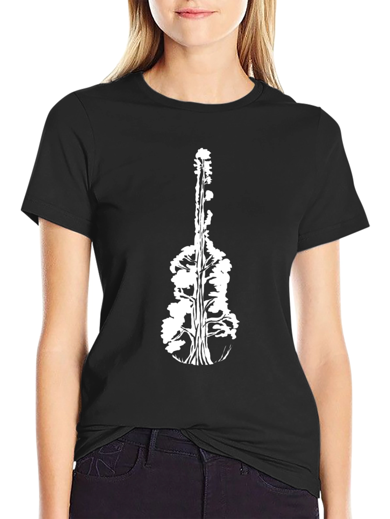 Black Guitar Tree Black T-Shirt - Nature Music Tee view 2