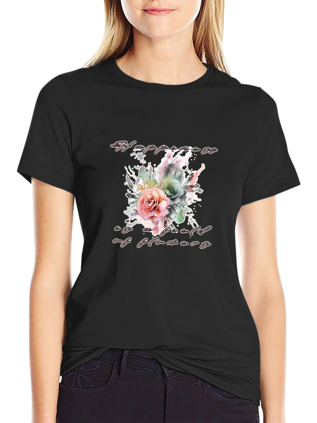 Black Floral Happiness T-Shirt - Stylish & Comfortable view 2