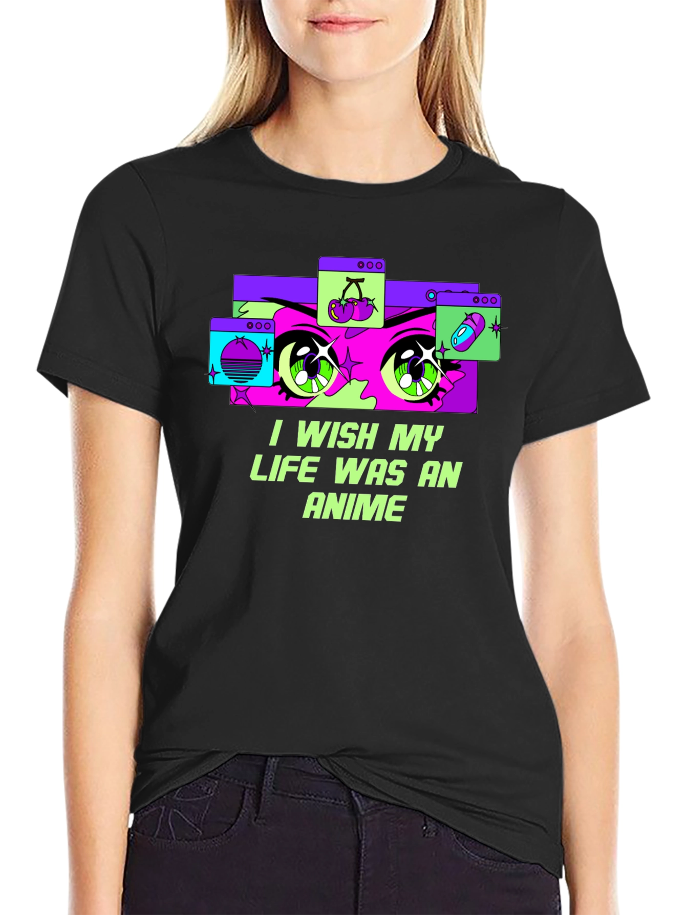 Black I Wish My Life Was Anime Graphic T-Shirt view 2