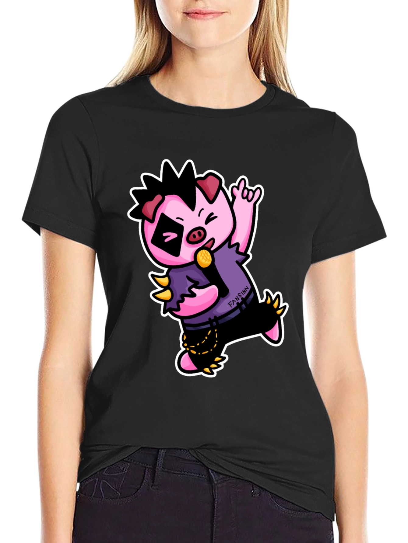 Black Cool Punk Pig T-Shirt - Black view 2