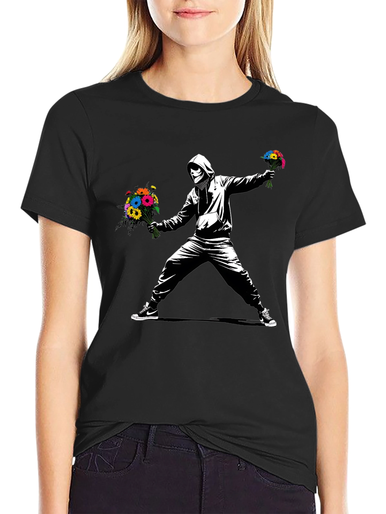 Black Banksy Flower Bomber T-Shirt - Street Art Graphic Tee view 2