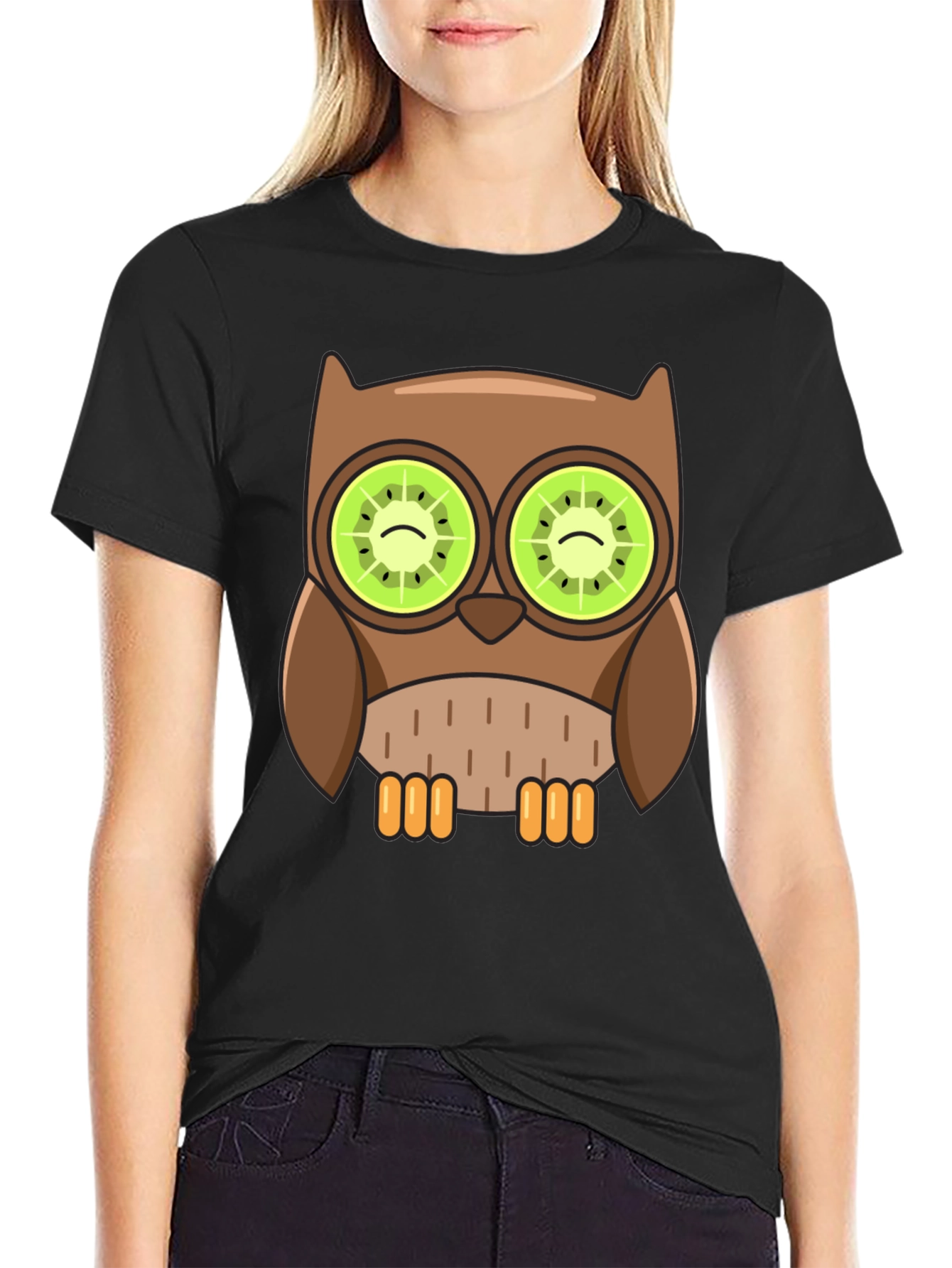 Black Whimsical Owl T-Shirt with Kiwi Eyes Design view 2