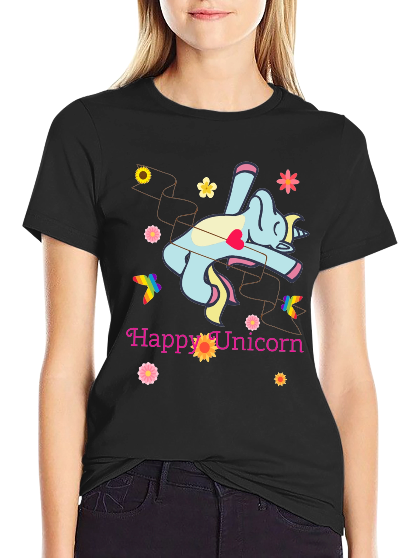 Black Happy Unicorn Graphic T-Shirt - Fun & Stylish! view 2