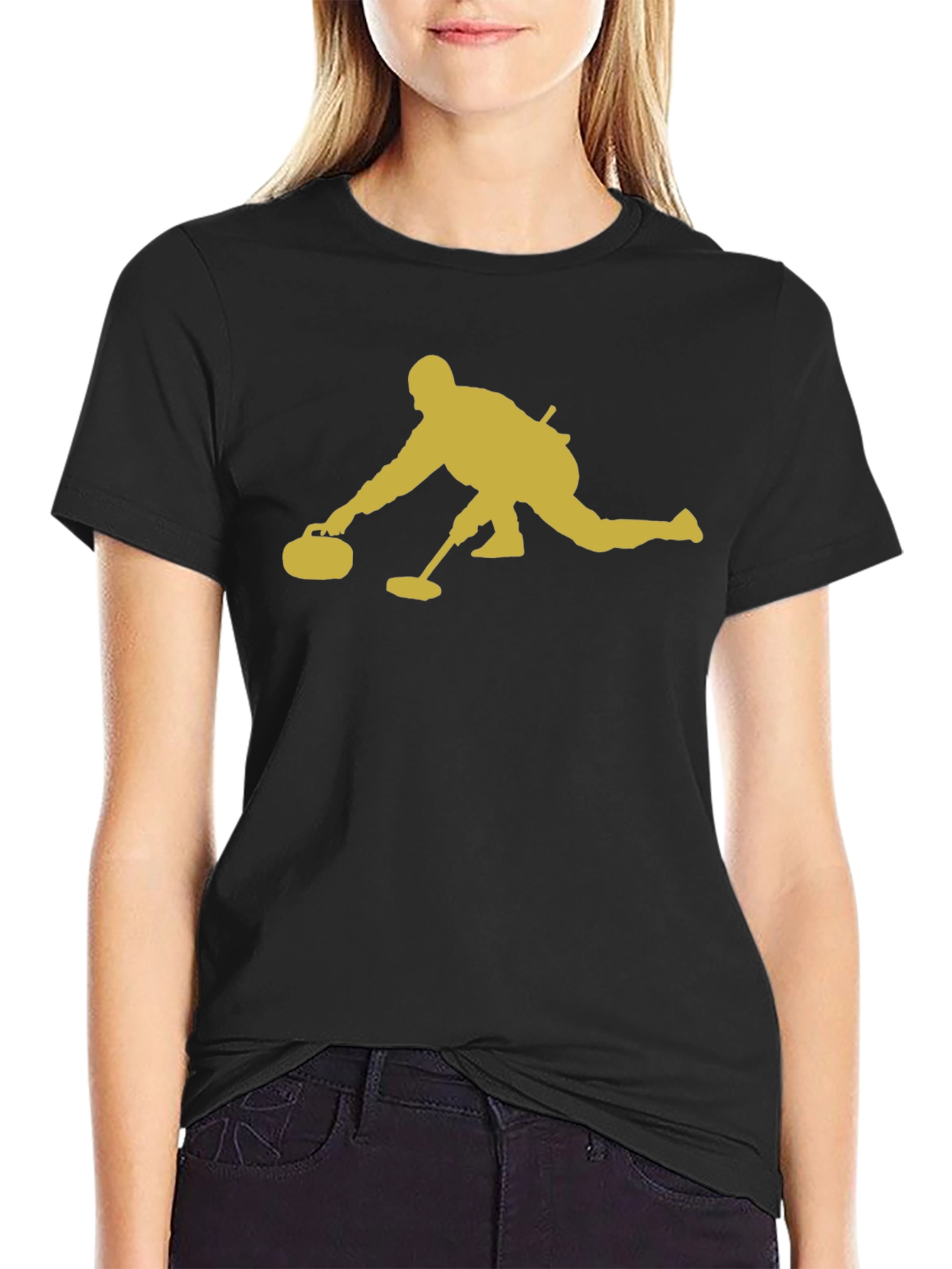 Black Curling Player Graphic Tee - Black Cotton T-Shirt view 2