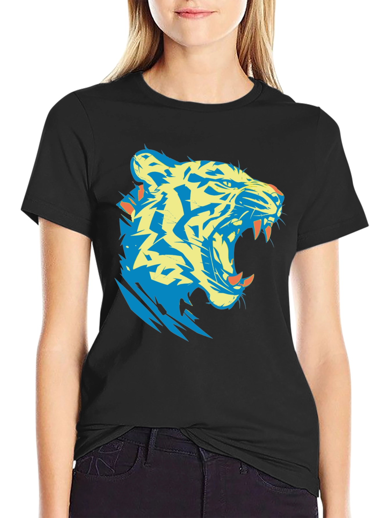 Black Tiger Graphic Tee - Bold Black Cotton T-Shirt view 2