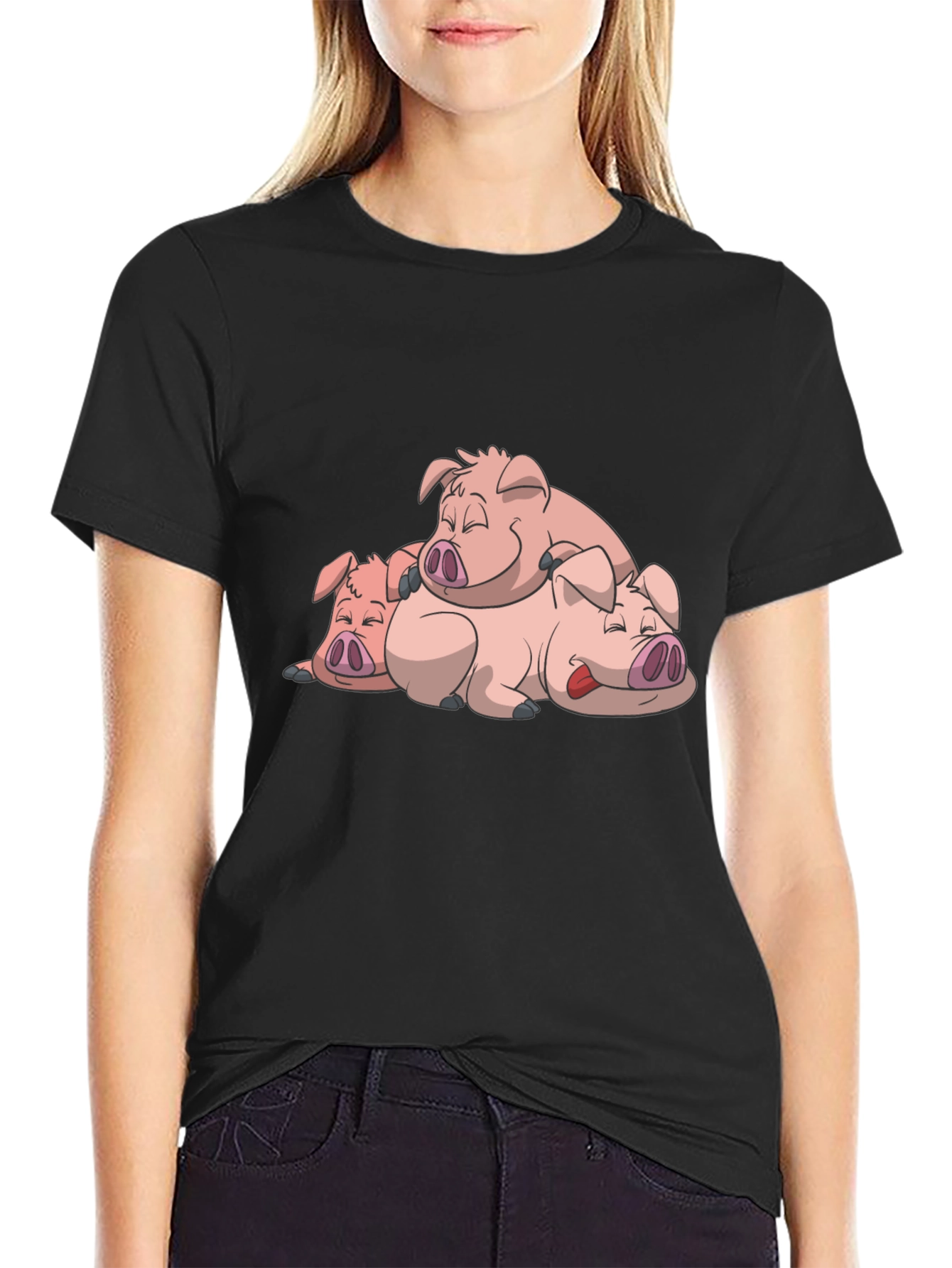 Black Cute Sleeping Pigs Black T-Shirt view 2