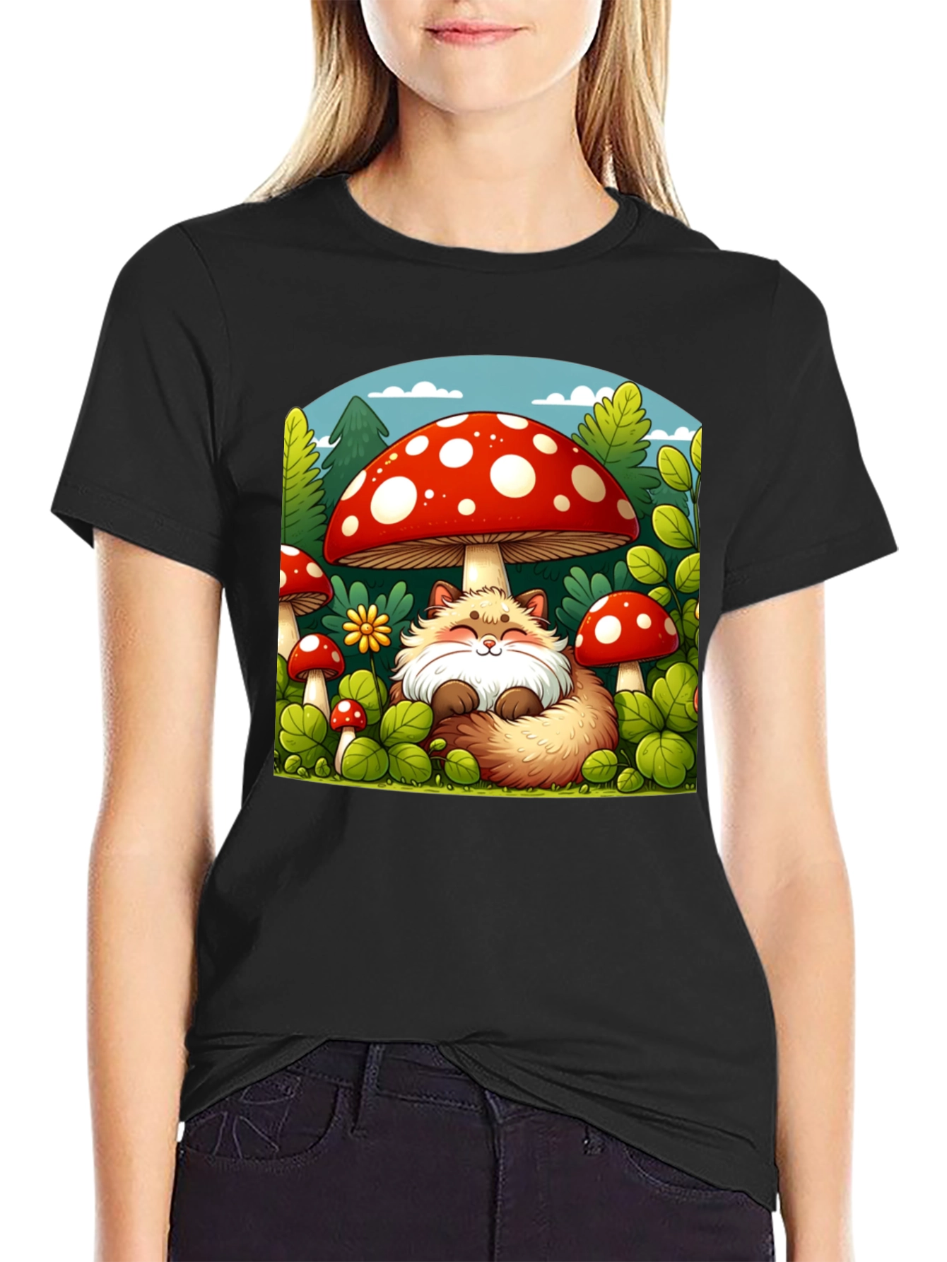 Black Whimsical Fox & Mushroom Graphic T-Shirt view 2